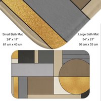 Mid-Century modern bath mat in muted shades of brown, gray, and black with textured gold elements that suggest a metallic or glittery effect which create a sense of elegance and understated luxury.