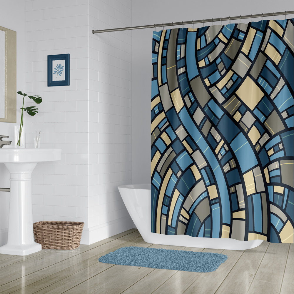 Abstract Geometric Shower Curtain, Blue, Gray and Sand
