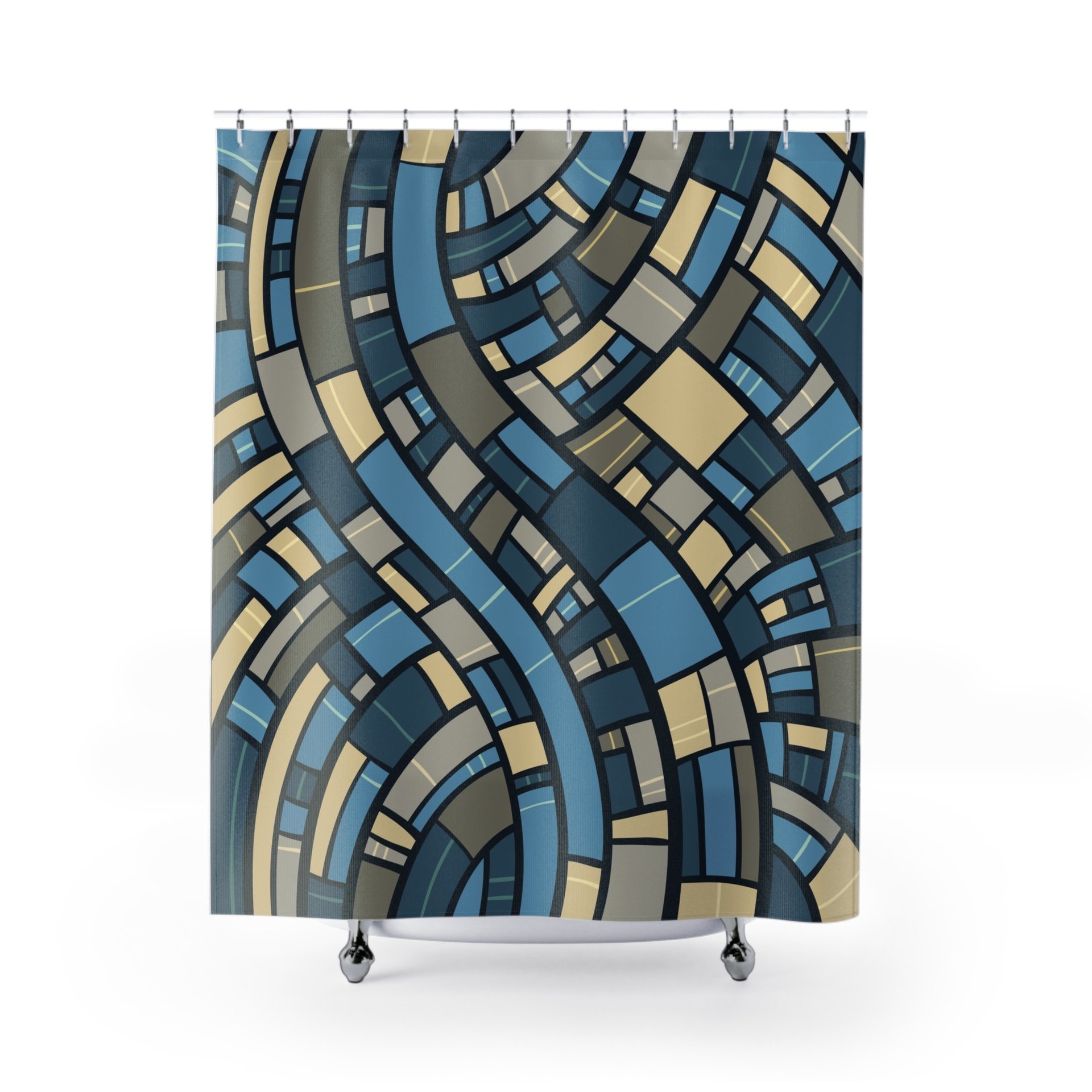 Abstract Geometric Shower Curtain, Blue, Gray and Sand