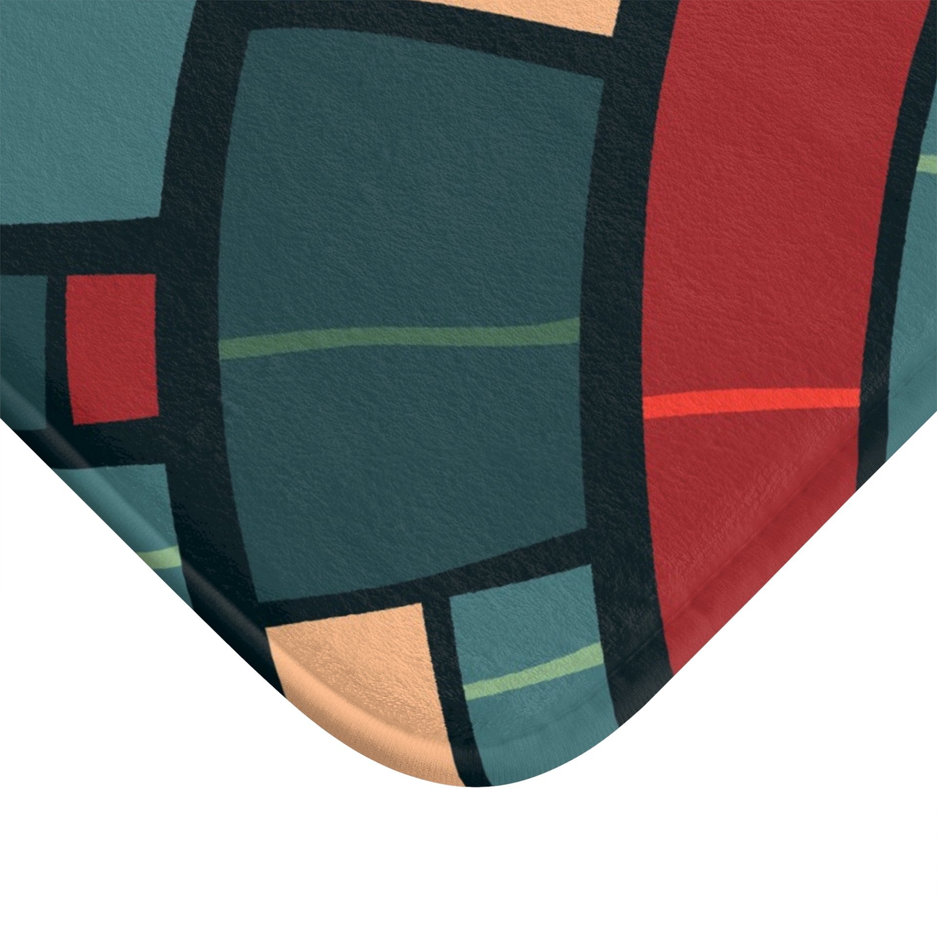 Mid-Century Modern bath mat corner close up in teal, burgundy and apricot
