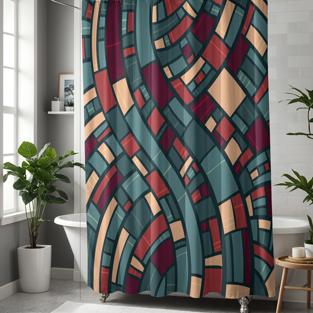 Mid-Century Modern Shower Curtain in teal, burgundy and apricot hung in a contemporary bathroom.