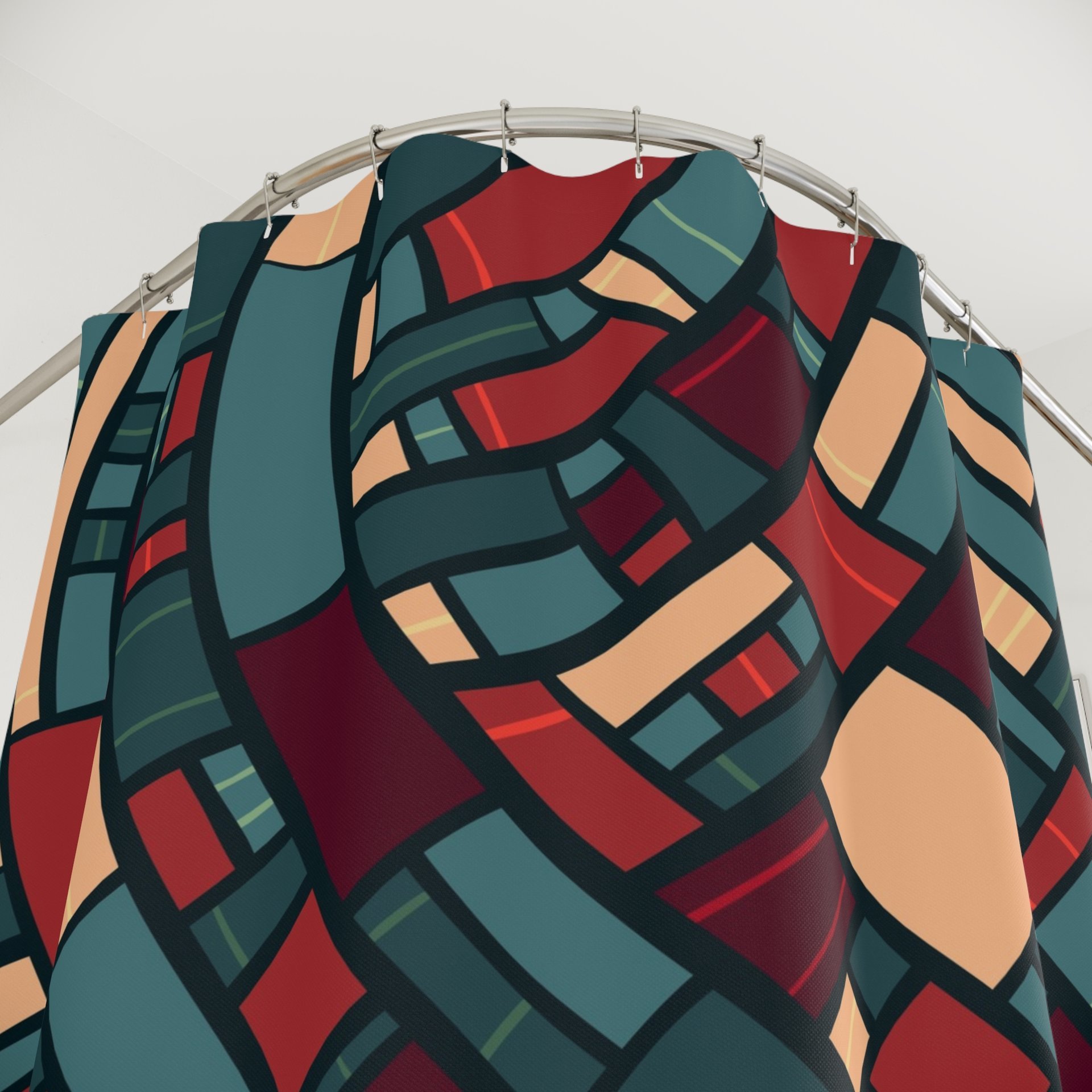 Mid-Century Modern Shower Curtain showing button holes for hanging.