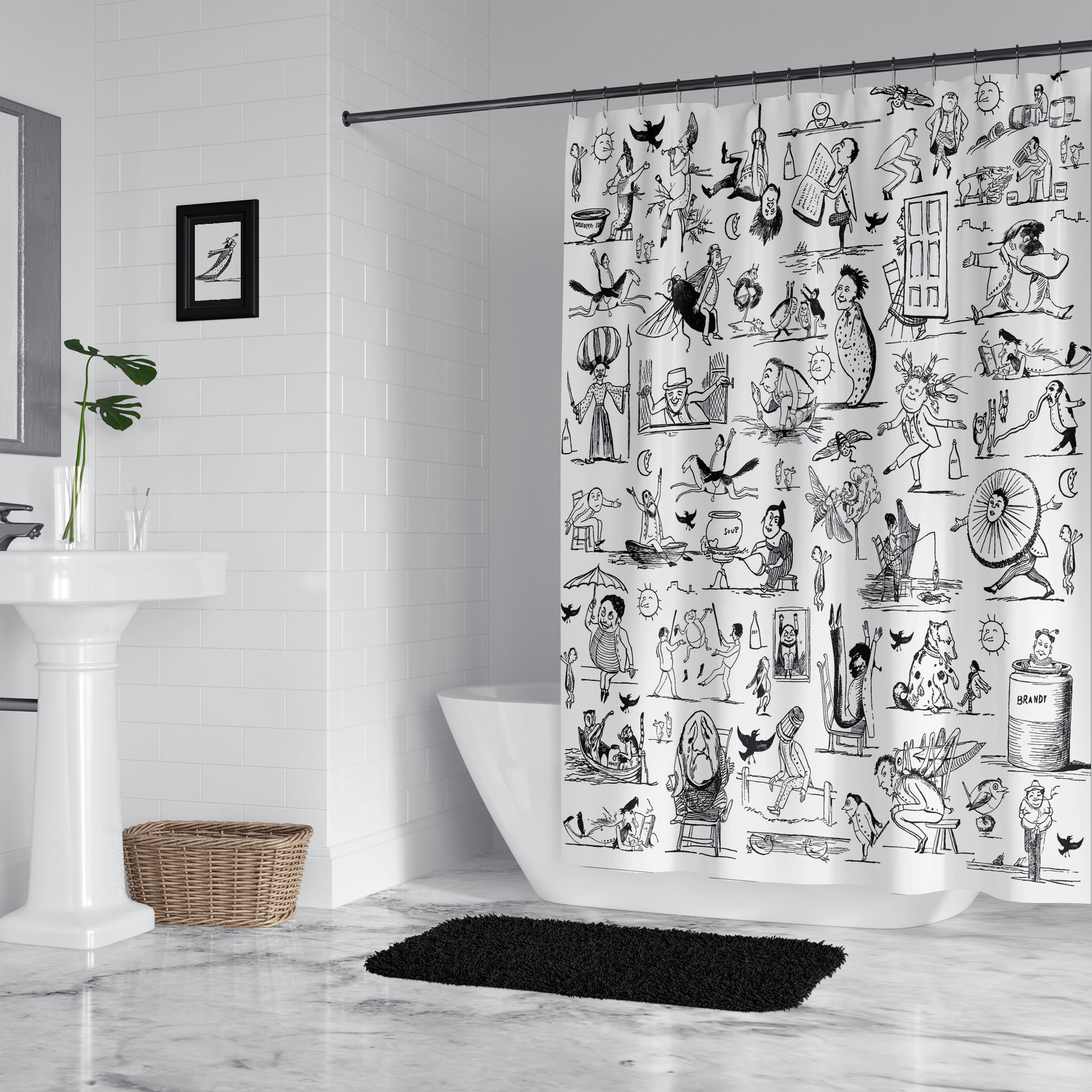 Shower curtain with Black and white Edward Lear illustrations