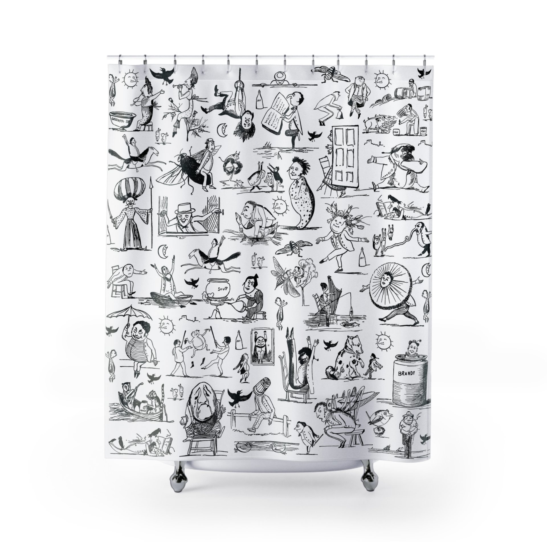 Shower curtain with Black and white Edward Lear illustrations