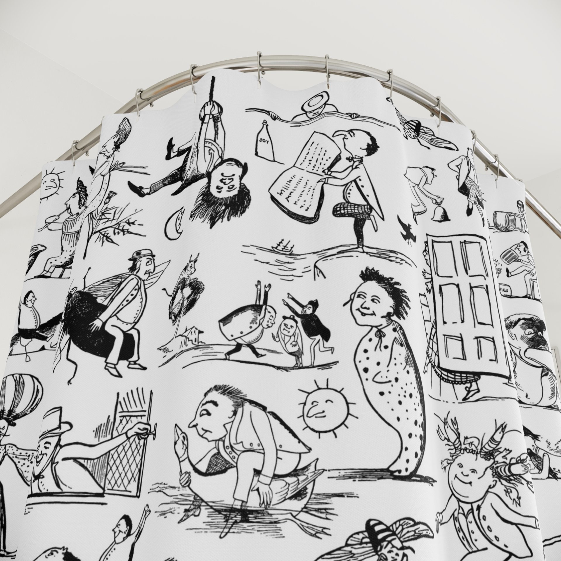 Shower curtain with Black and white Edward Lear illustrations showing button holes for hanging.