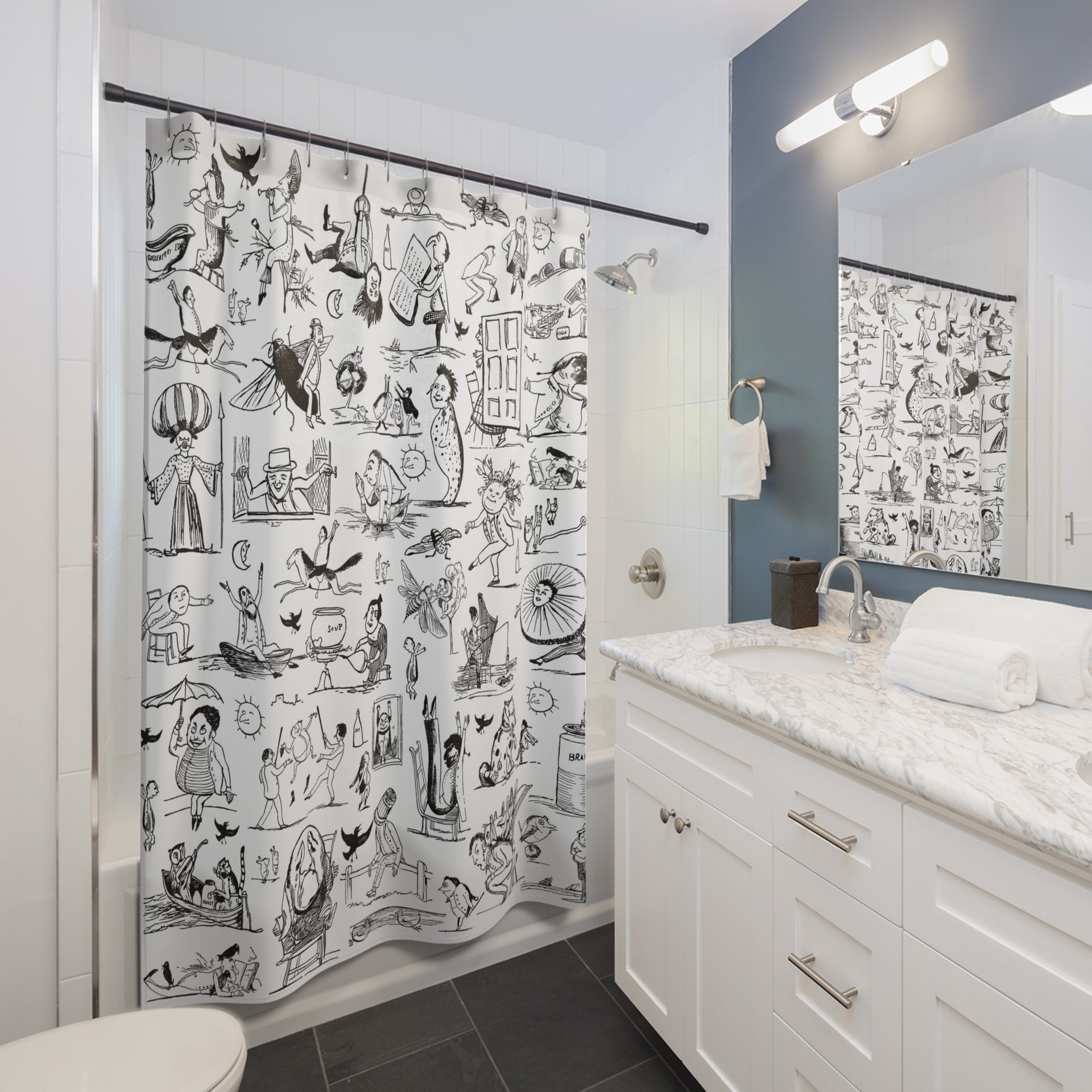Shower curtain with Black and white Edward Lear illustrations