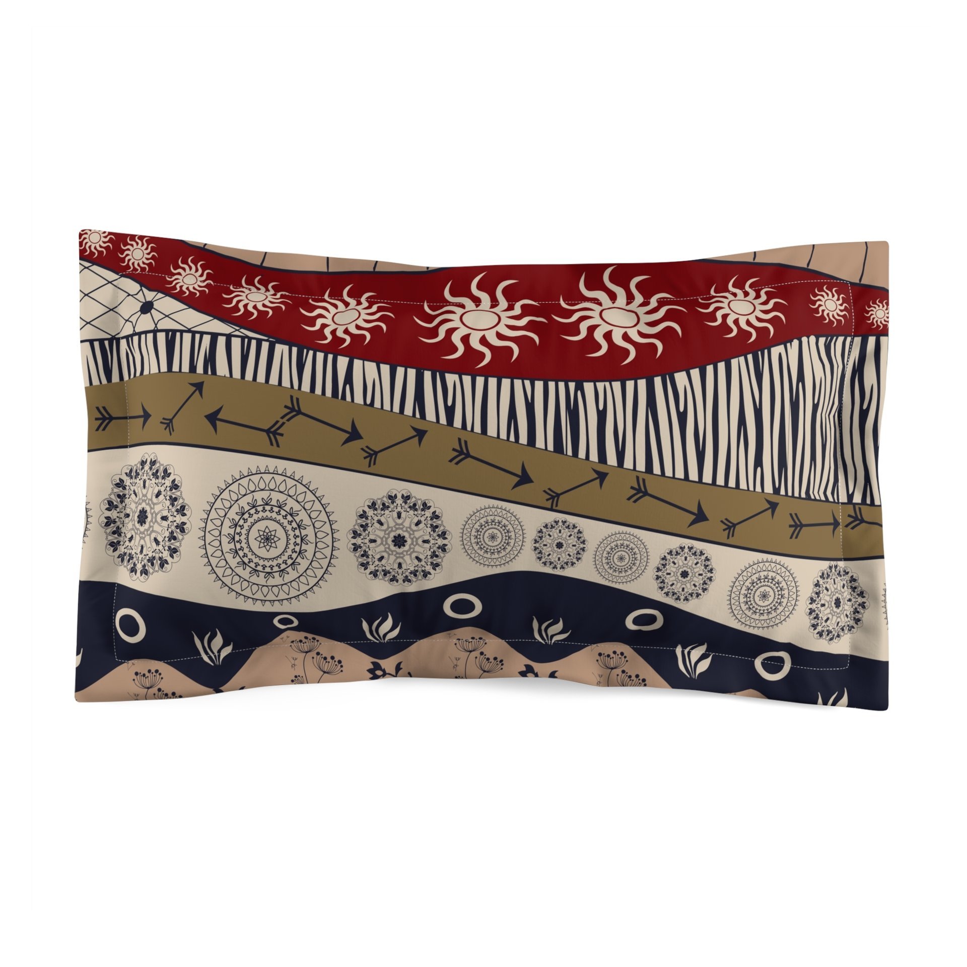 King pillow sham. Naive African elephants and giraffes artwork with primitive floral motifs in maroon, navy blue and earth tones.