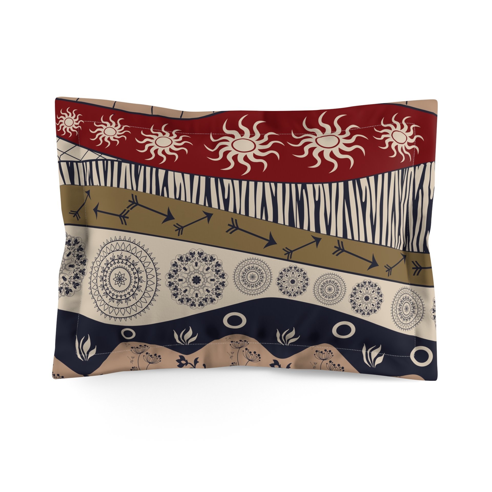 Standard pillow sham. Naive African elephants and giraffes artwork with primitive floral motifs in maroon, navy blue and earth tones.