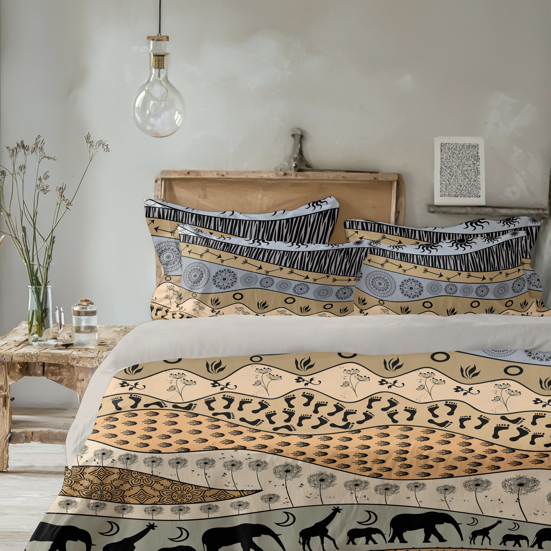 Neutral African Art Bedding, Cotton or Poly