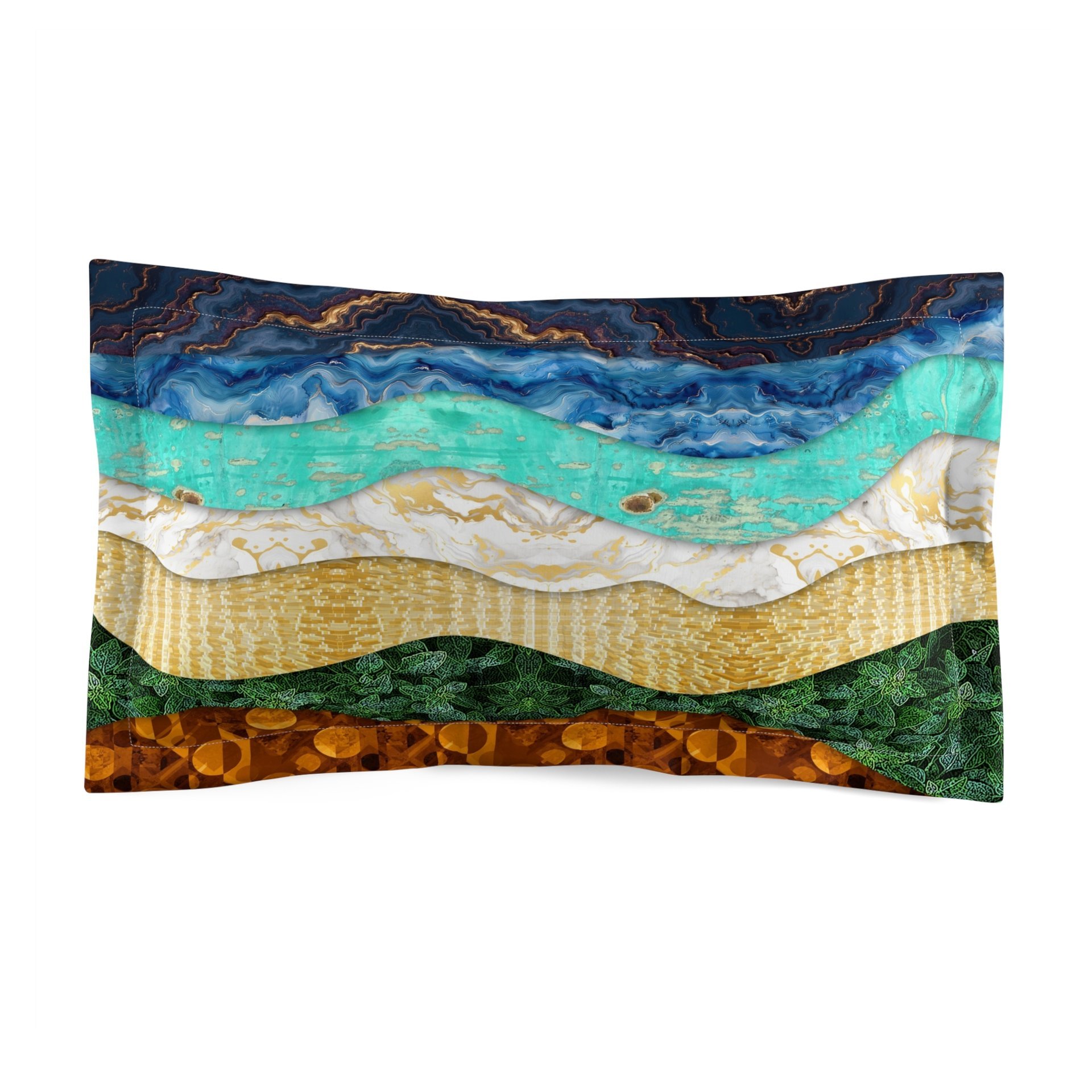 The king pillow sham features a layered, wavy design resembling the view out to sea from the beach edge.