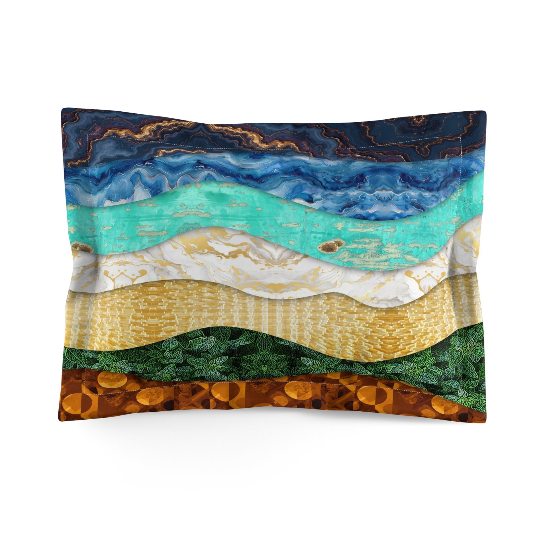 The standard pillow sham features a layered, wavy design resembling the view out to sea from the beach edge.