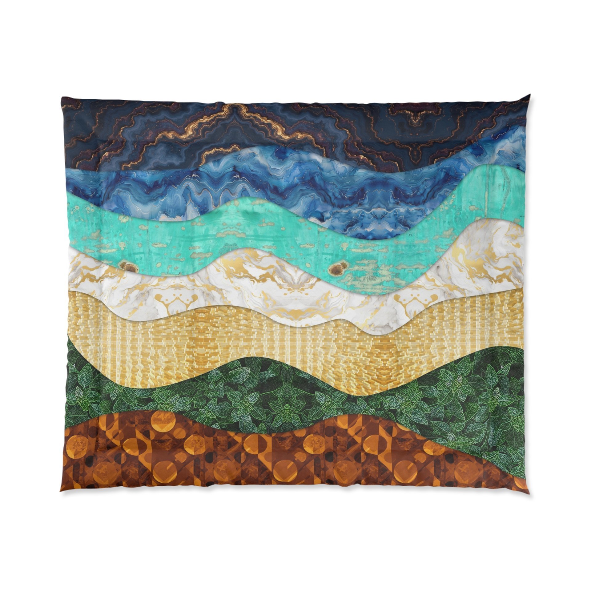 The king comforter features a layered, wavy design resembling the view out to sea from the beach edge.