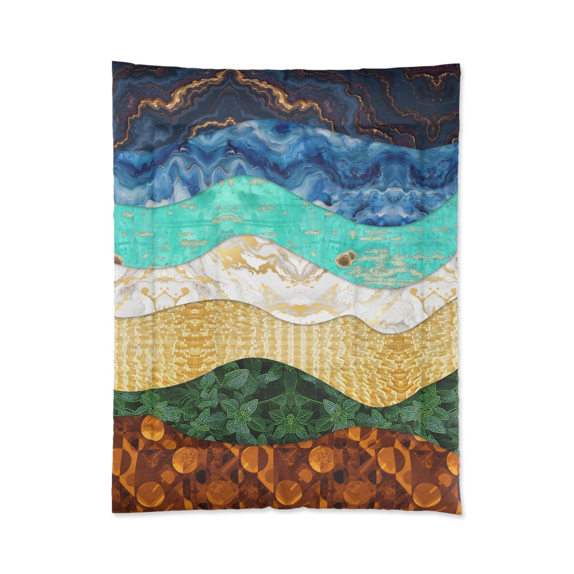 The twin comforter features a layered, wavy design resembling the view out to sea from the beach edge.