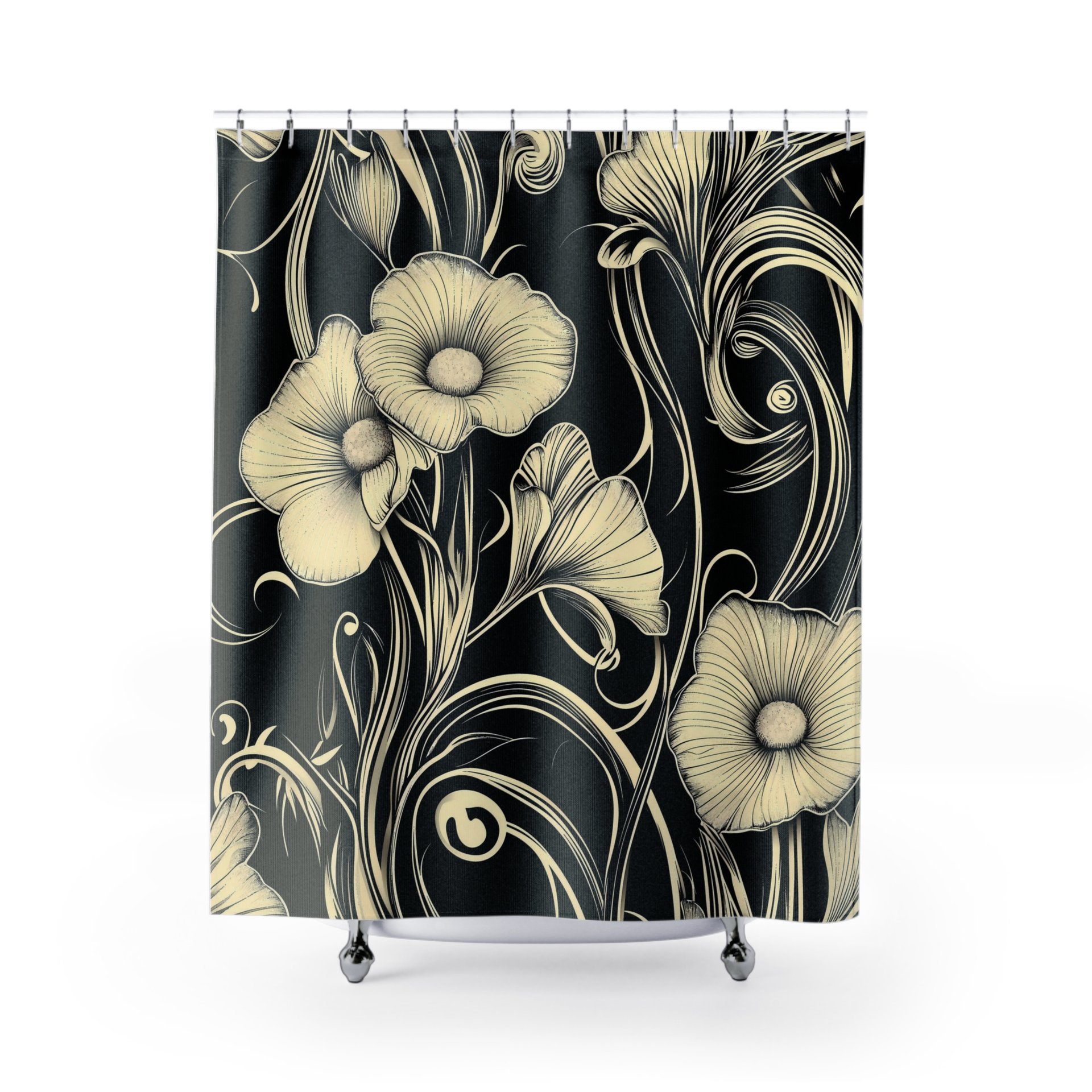 Black & Cream Floral Art Nouveau Shower Curtain