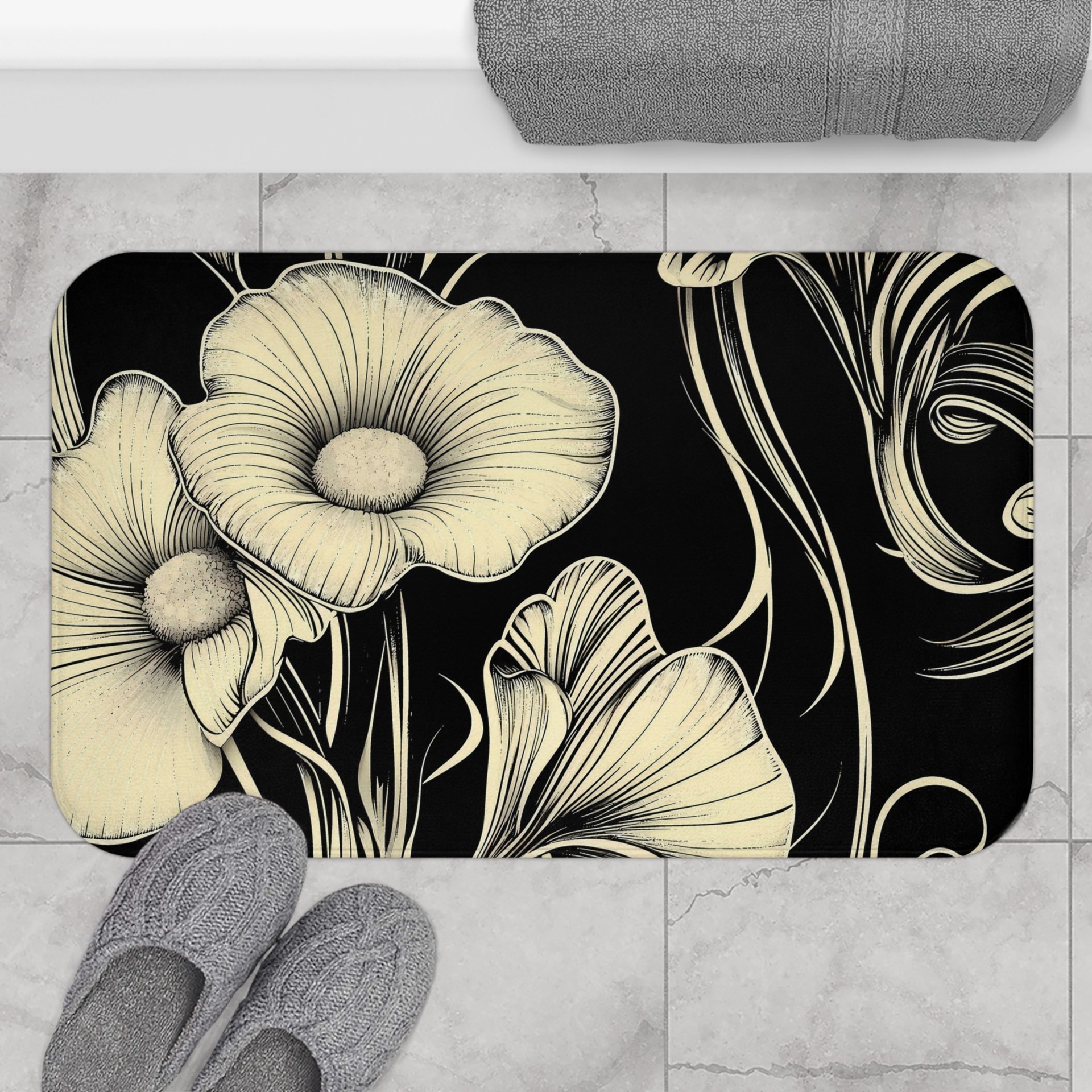 Black & Cream Floral Art Nouveau large bath mat.