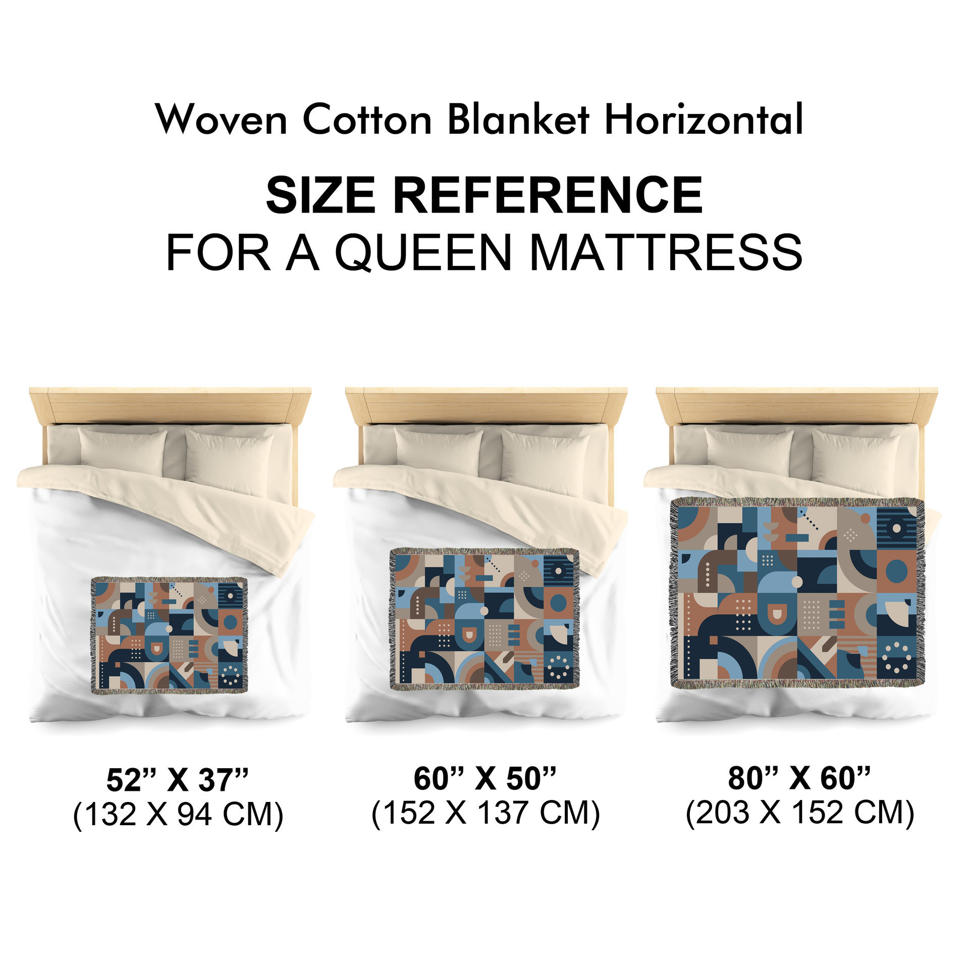 Size chart for Blue and Brown Abstract Geometric Shapes Woven Cotton Blanket