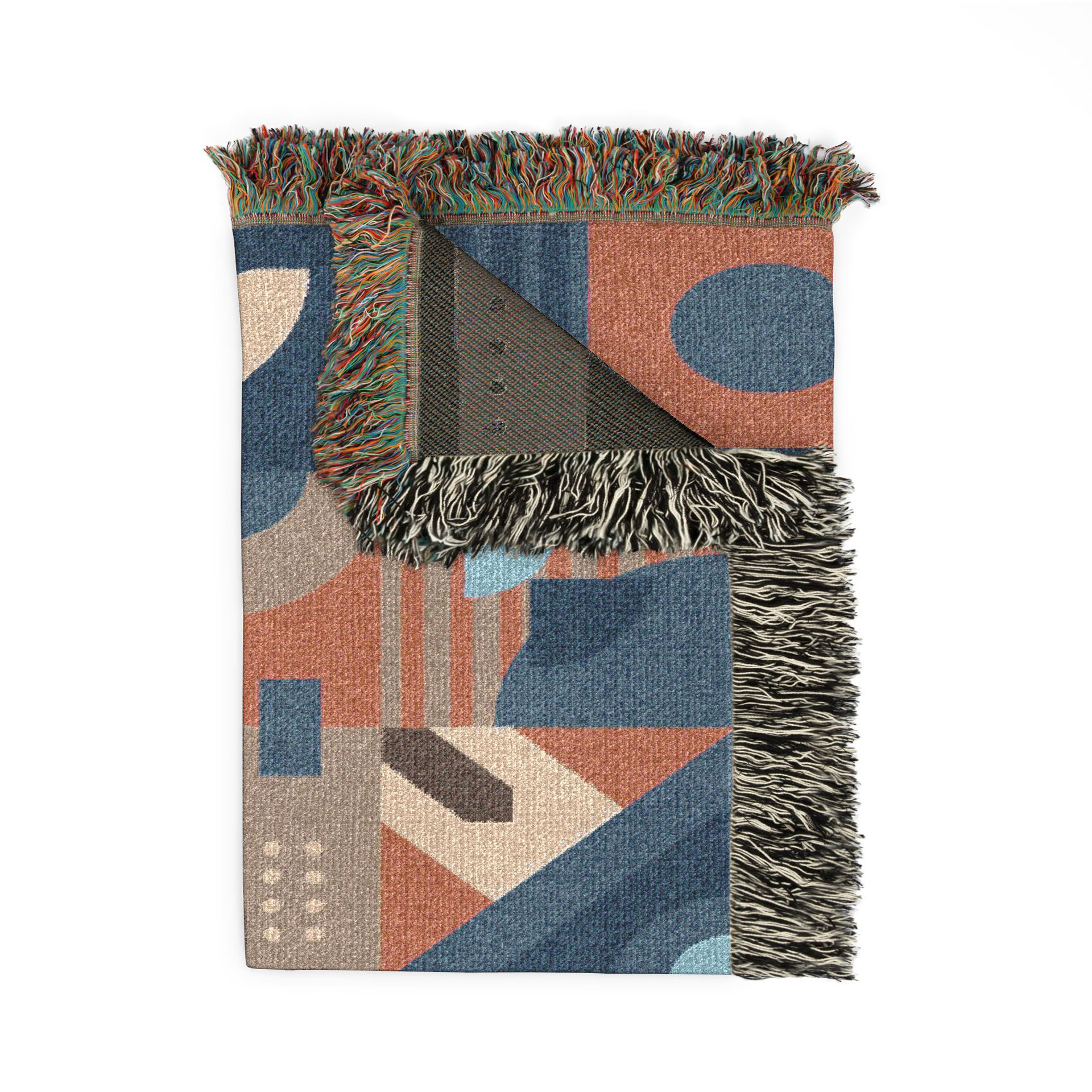 Blue and Brown Abstract Geometric Shapes Woven Cotton Blanket folded