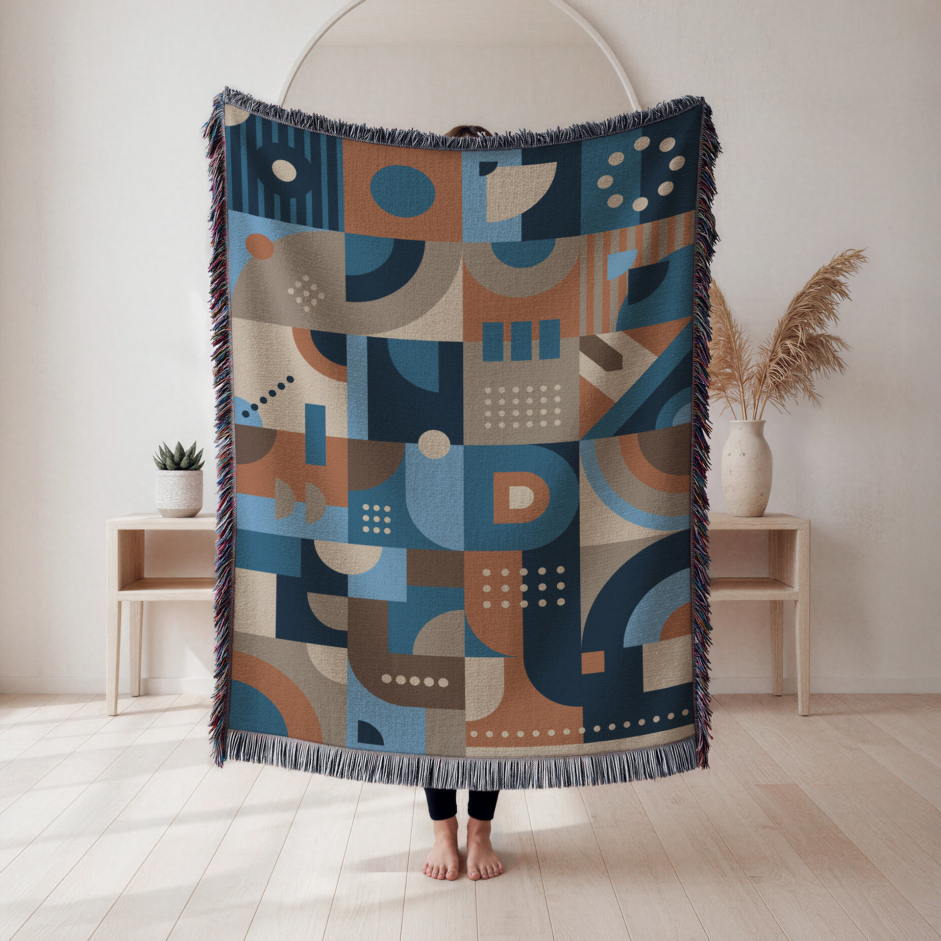 Blue and Brown Abstract Geometric Shapes Woven Cotton Blanket