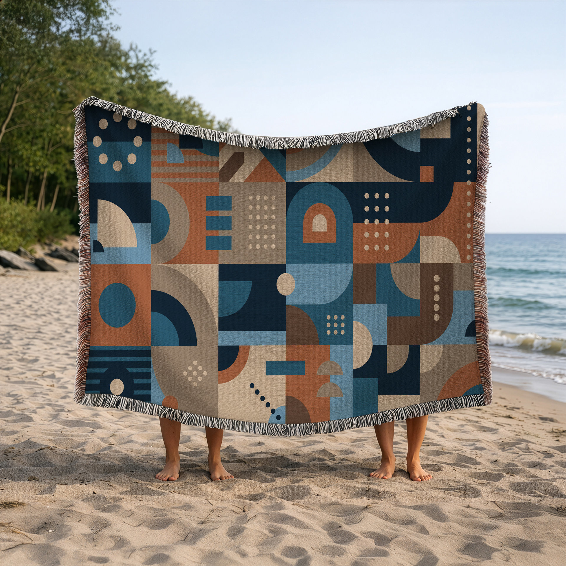 Blue and Brown Abstract Geometric Shapes Woven Cotton Blanket
