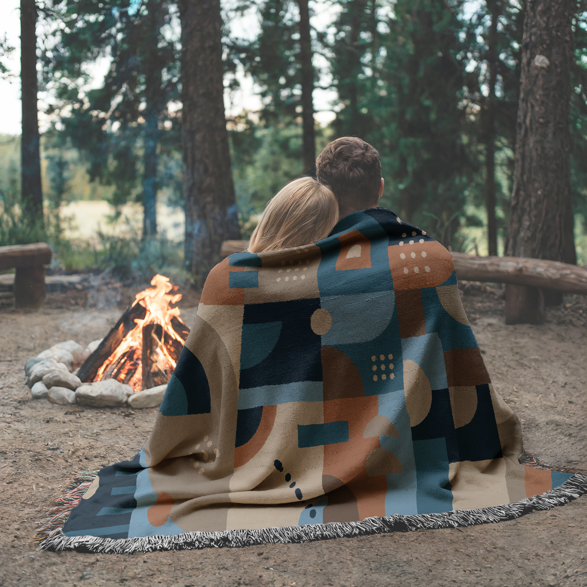 Blue and Brown Abstract Geometric Shapes Woven Cotton Blanket