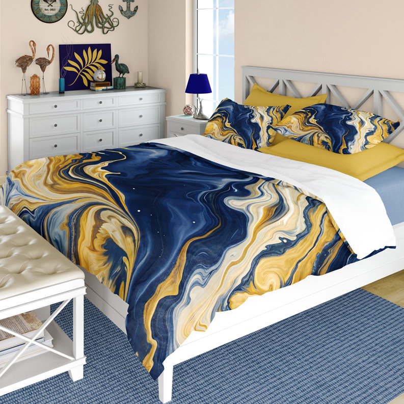 Bold Abstract Fluid Art Statement Rug – Navy, Gold & Cream Marble 