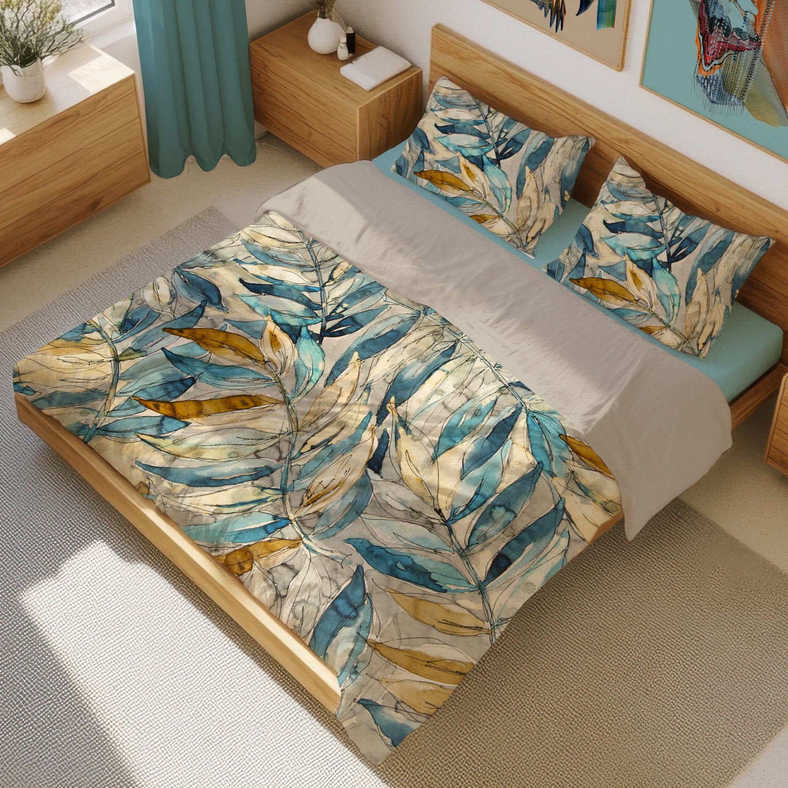 Watercolor leaves, king polyester duvet cover