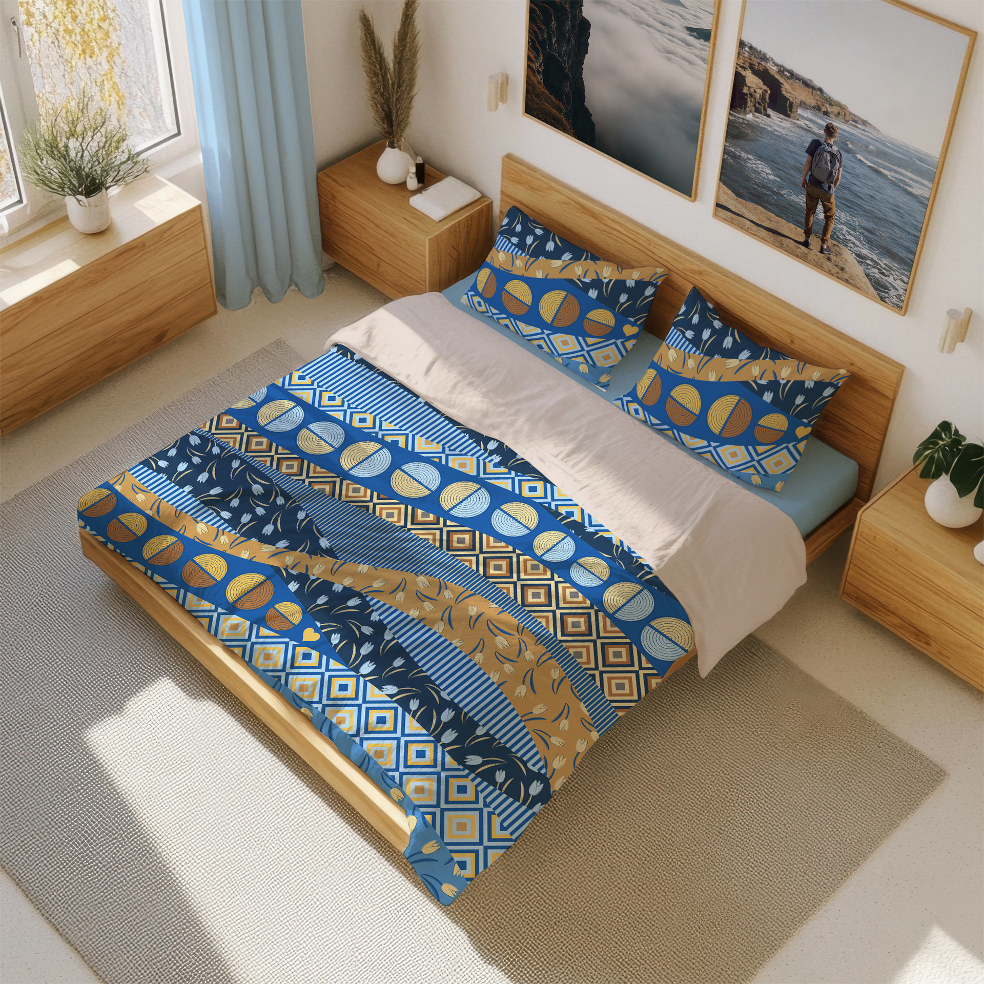 Blue Yellow Abstract Geometric Waves Duvet Cover, Poly Queen