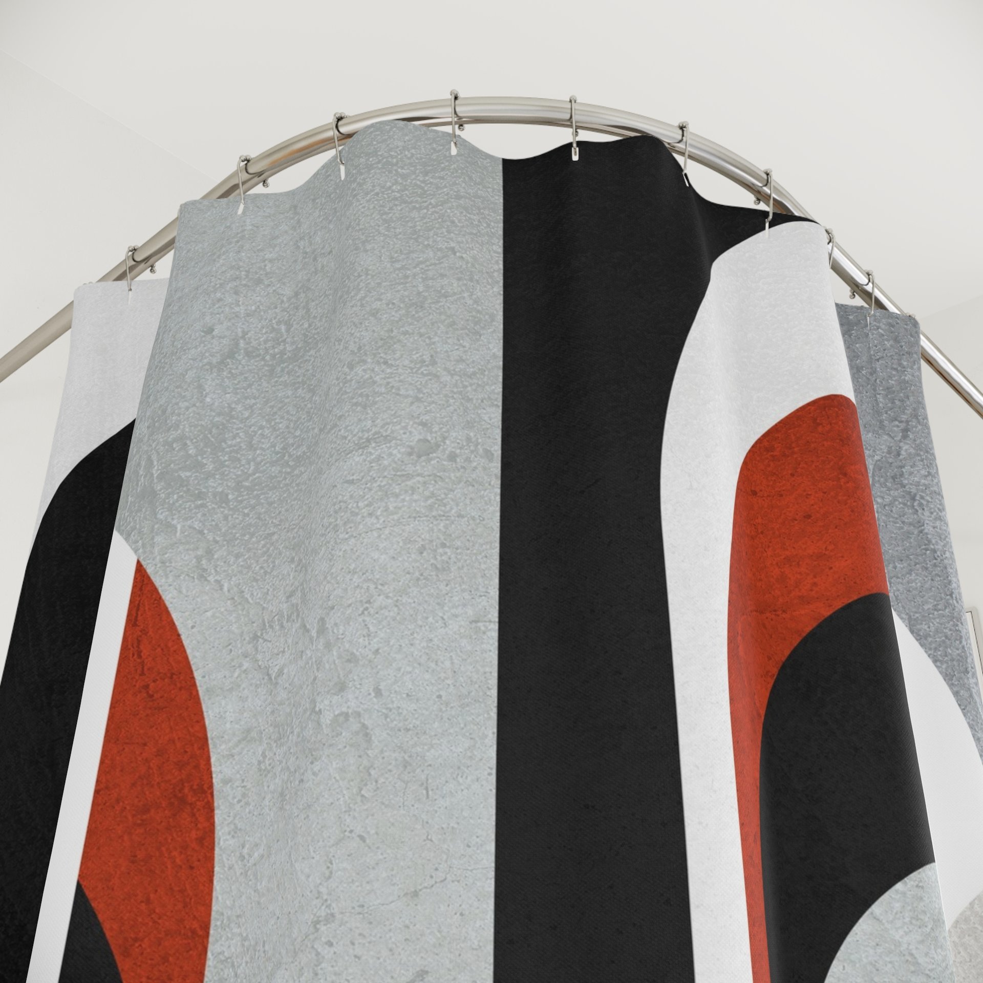 Brick Red Minimalist Art Deco Shower Curtain - showing top button holes for hanging