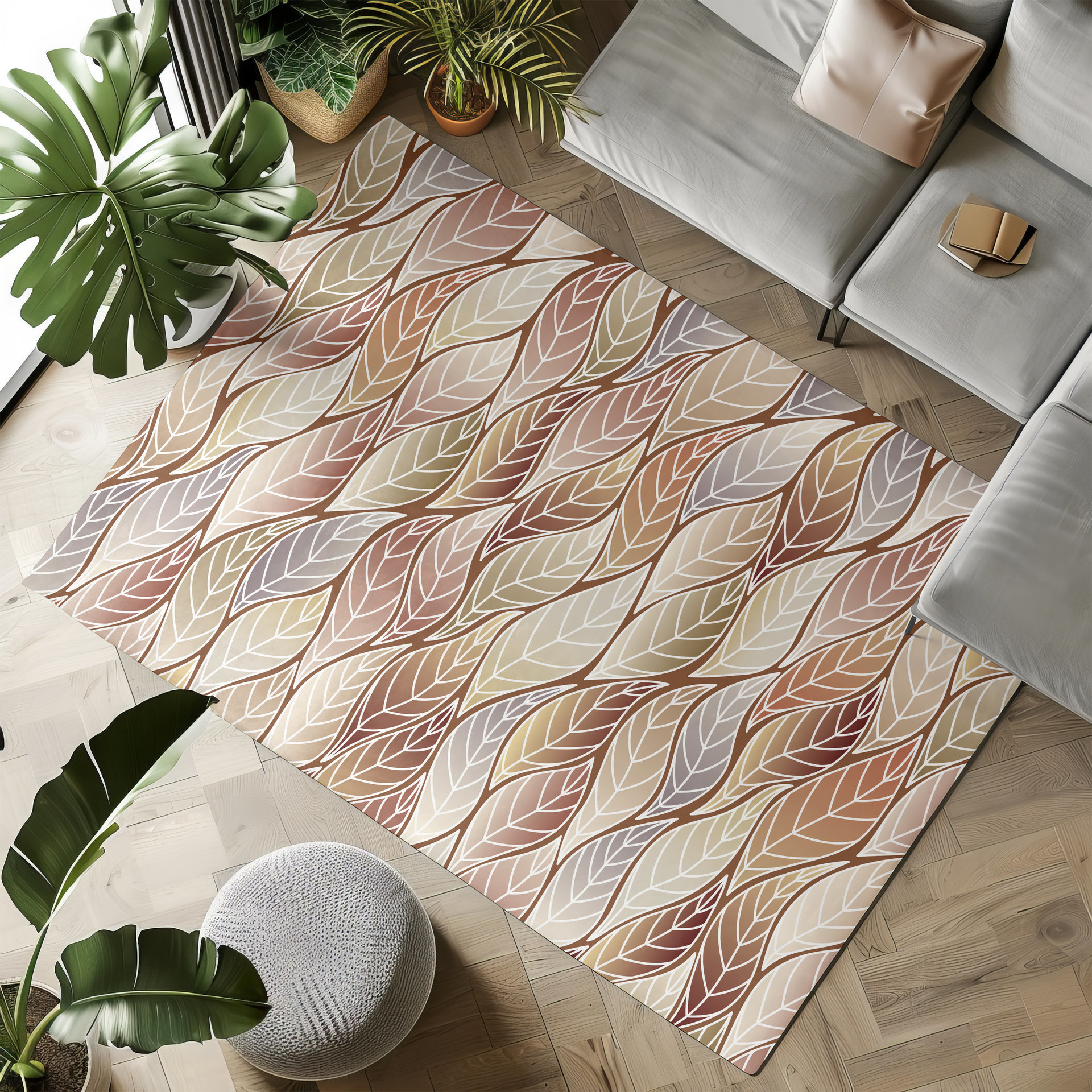 Beige Brown Ombre Leaves Rug, Indoor Outdoor