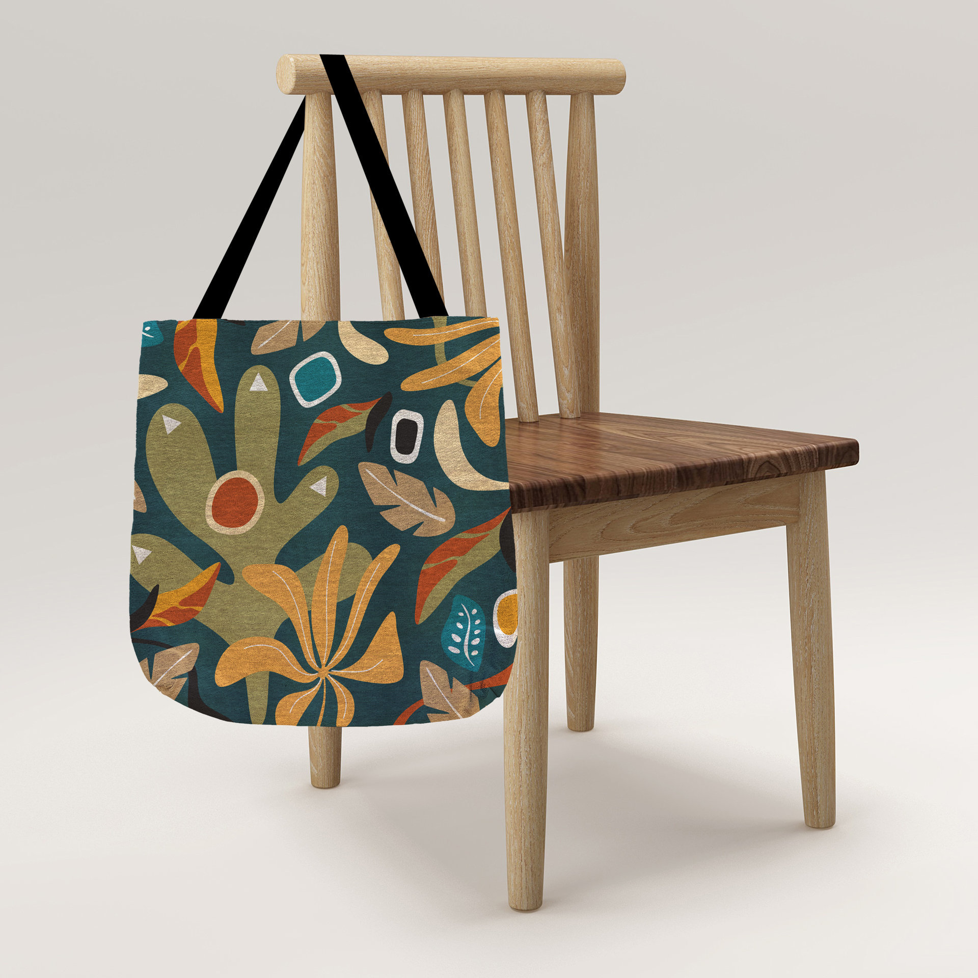 Multicolor Abstract Floral Woven Tote hanging on a chair.