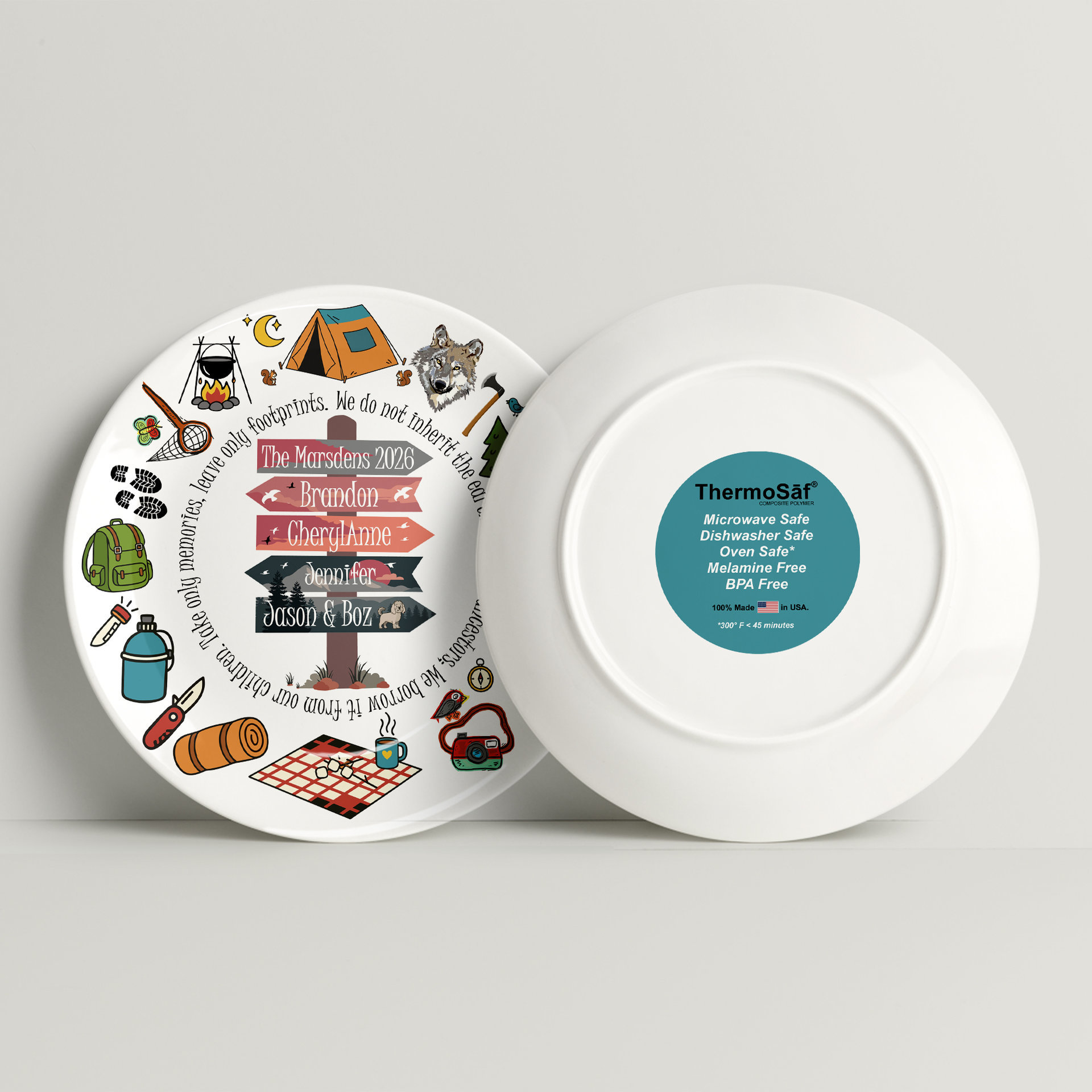 Personalized Family Camping Plastic Plate front and back
