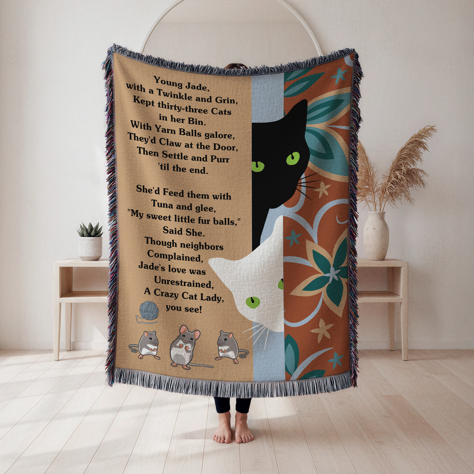 One Of A Kind Cat Lady Blanket, Personalized Poem Woven Cotton Throw
