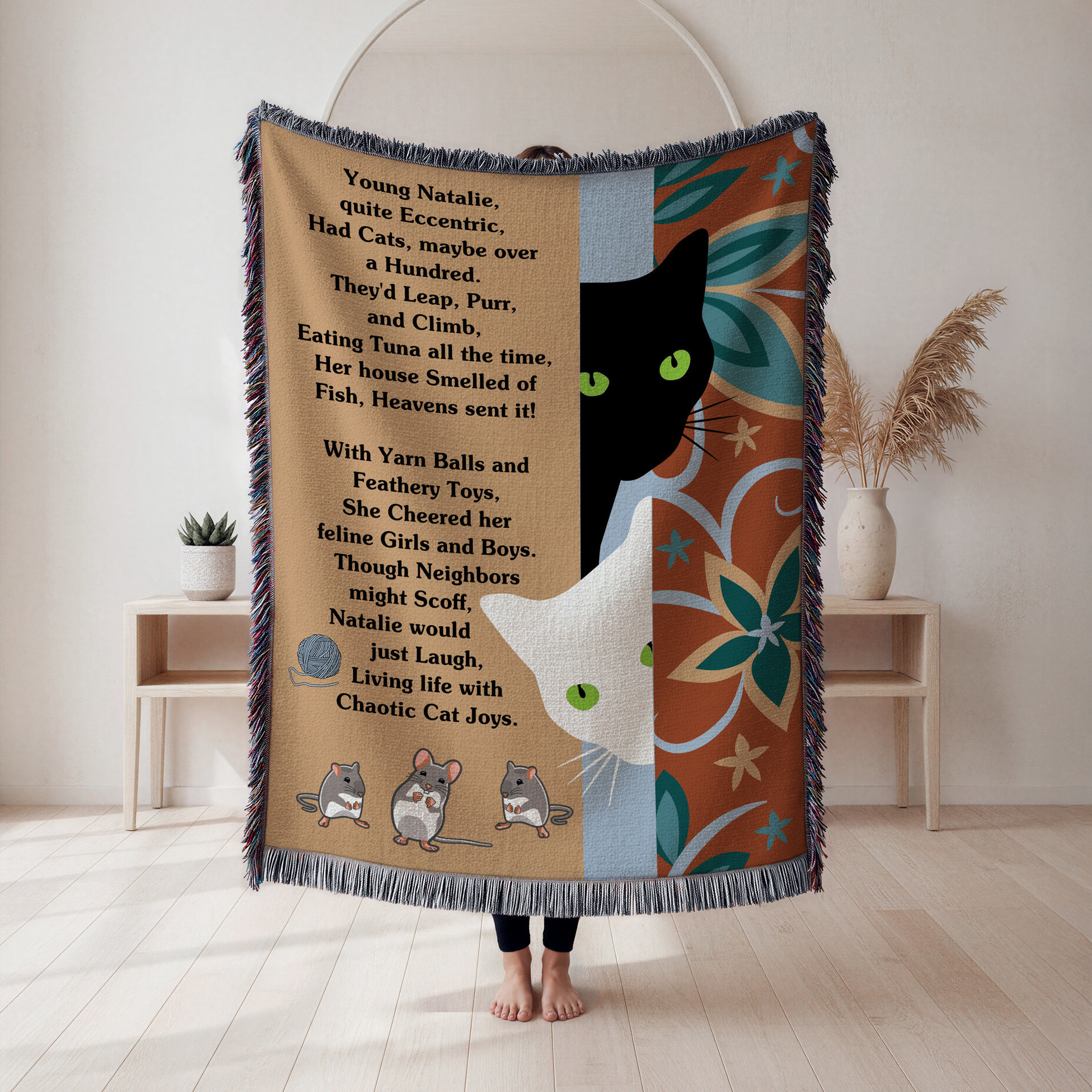 One Of A Kind Crazy Cat Lady Blanket, Personalized Poem Woven Cotton Throw