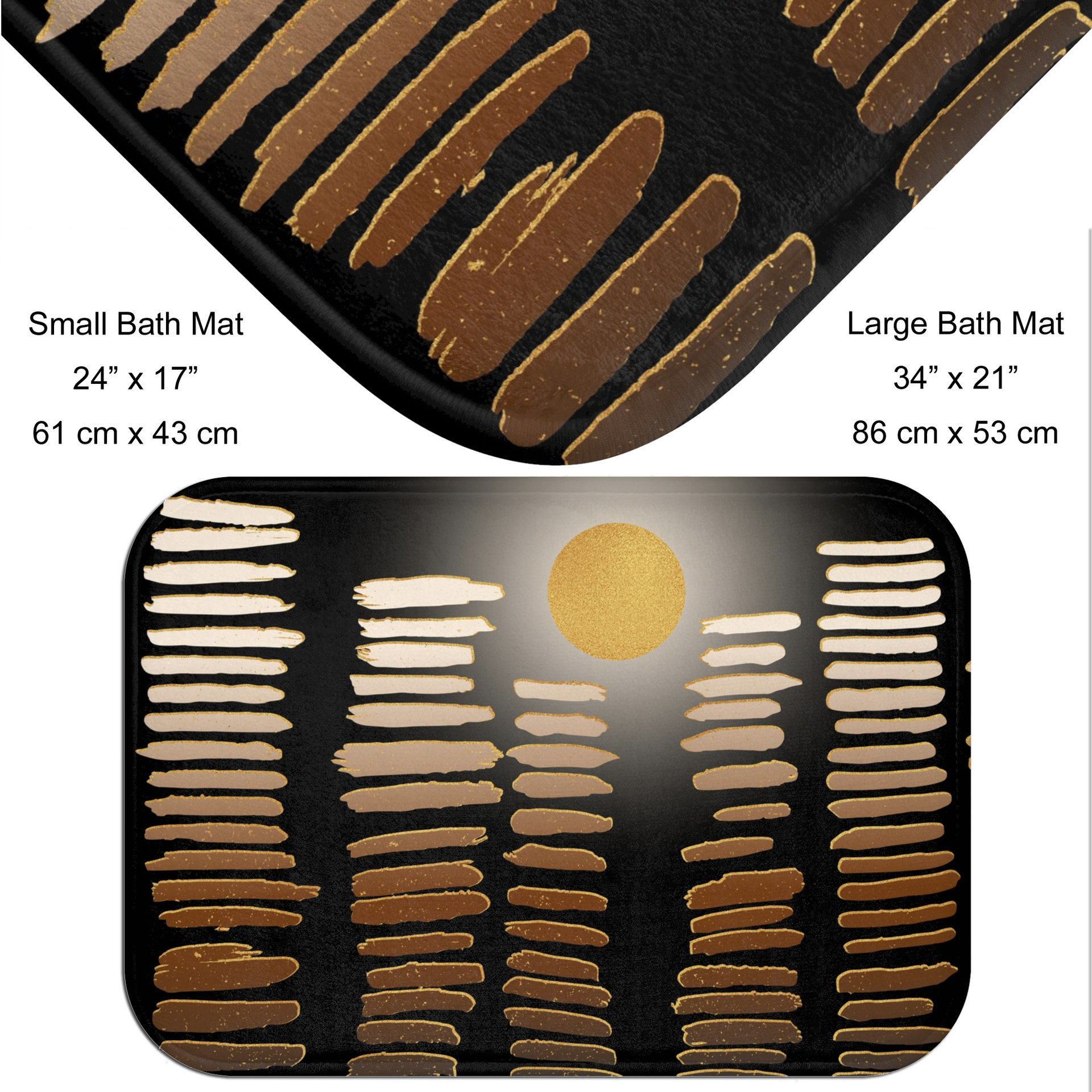 Neutral City Skyline bath mat with size chart