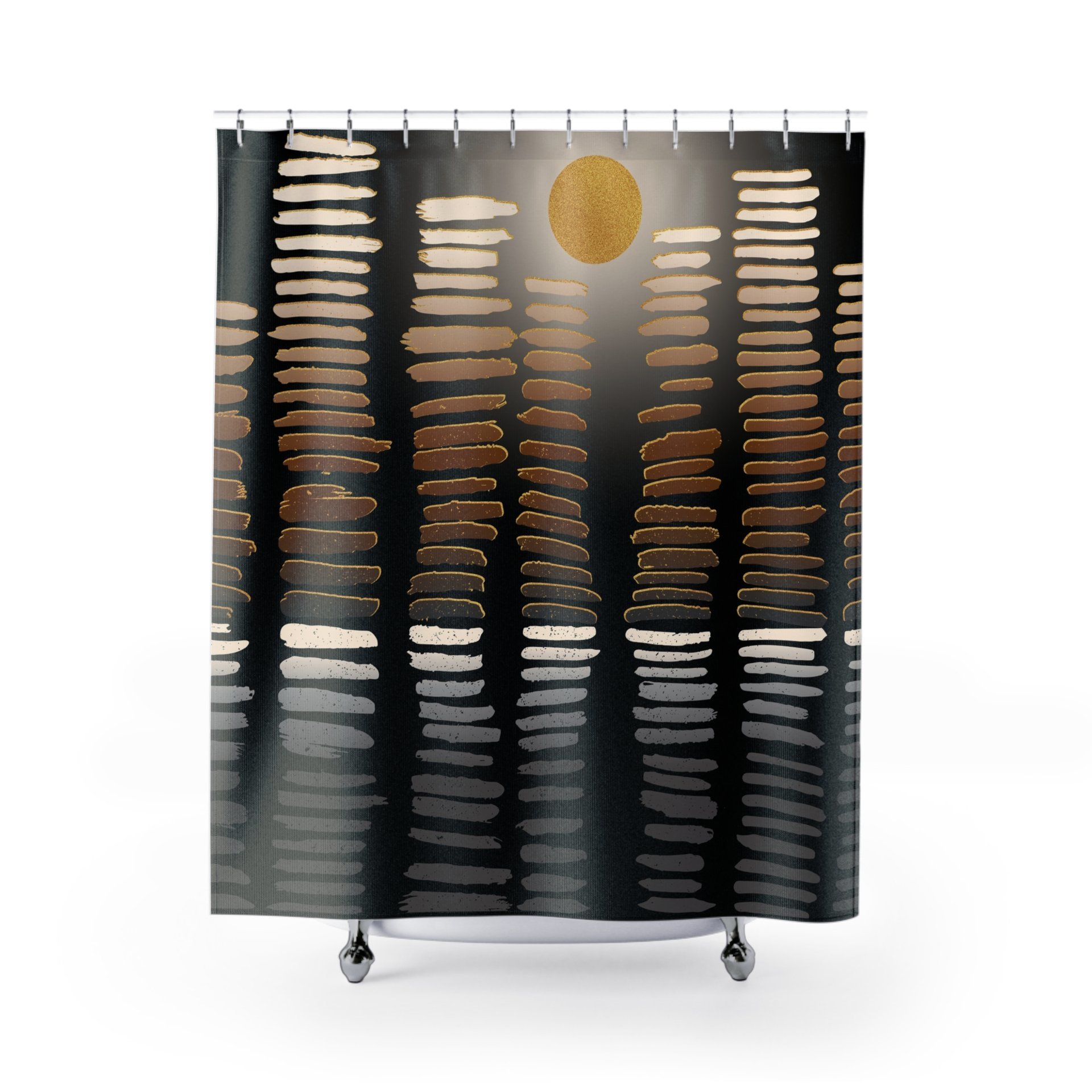 Abstract geometric shapes in beige, brown, gray and black with gold accents. 