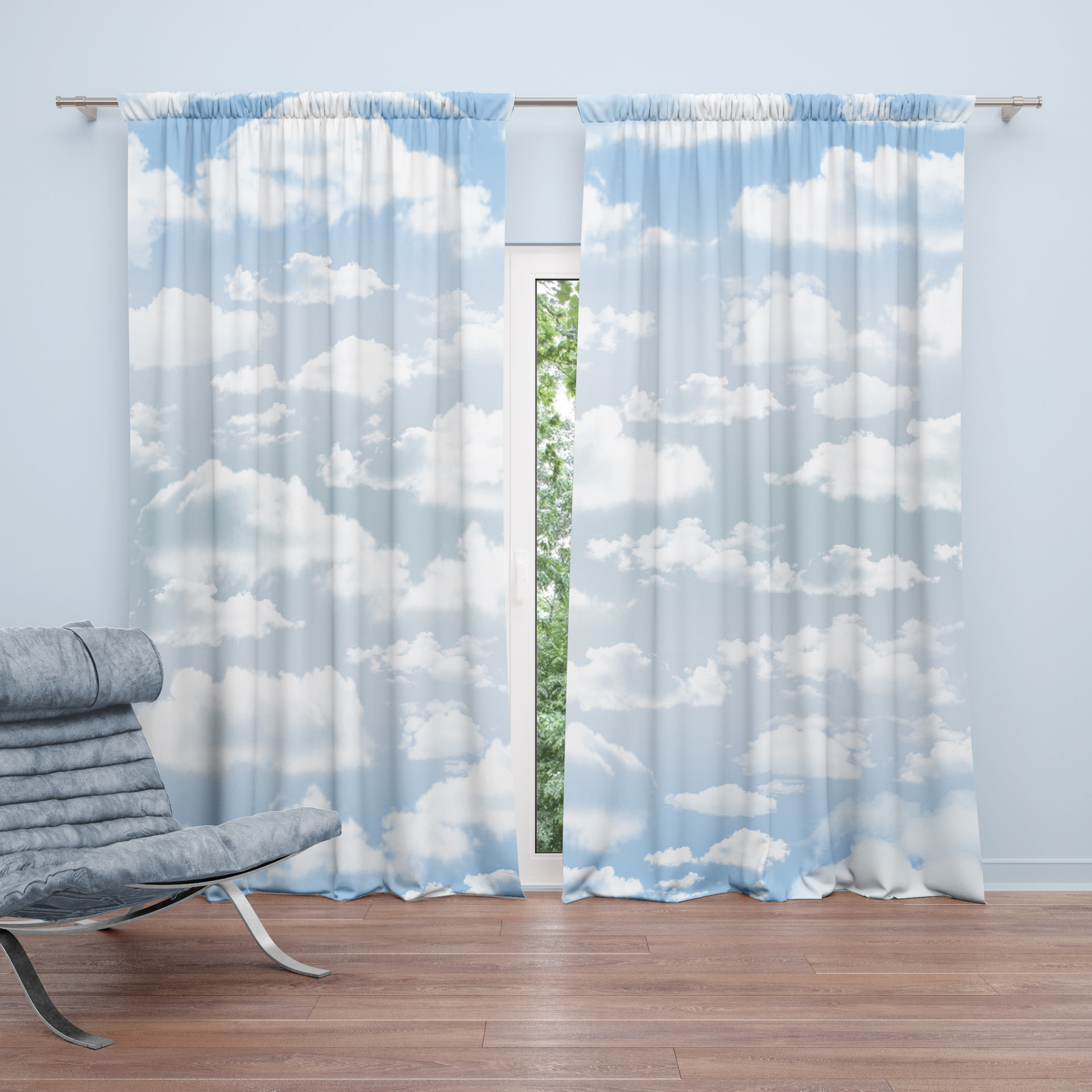 Gray Blue Sky Cloudscape Window Curtains, Rod Pocket Panels