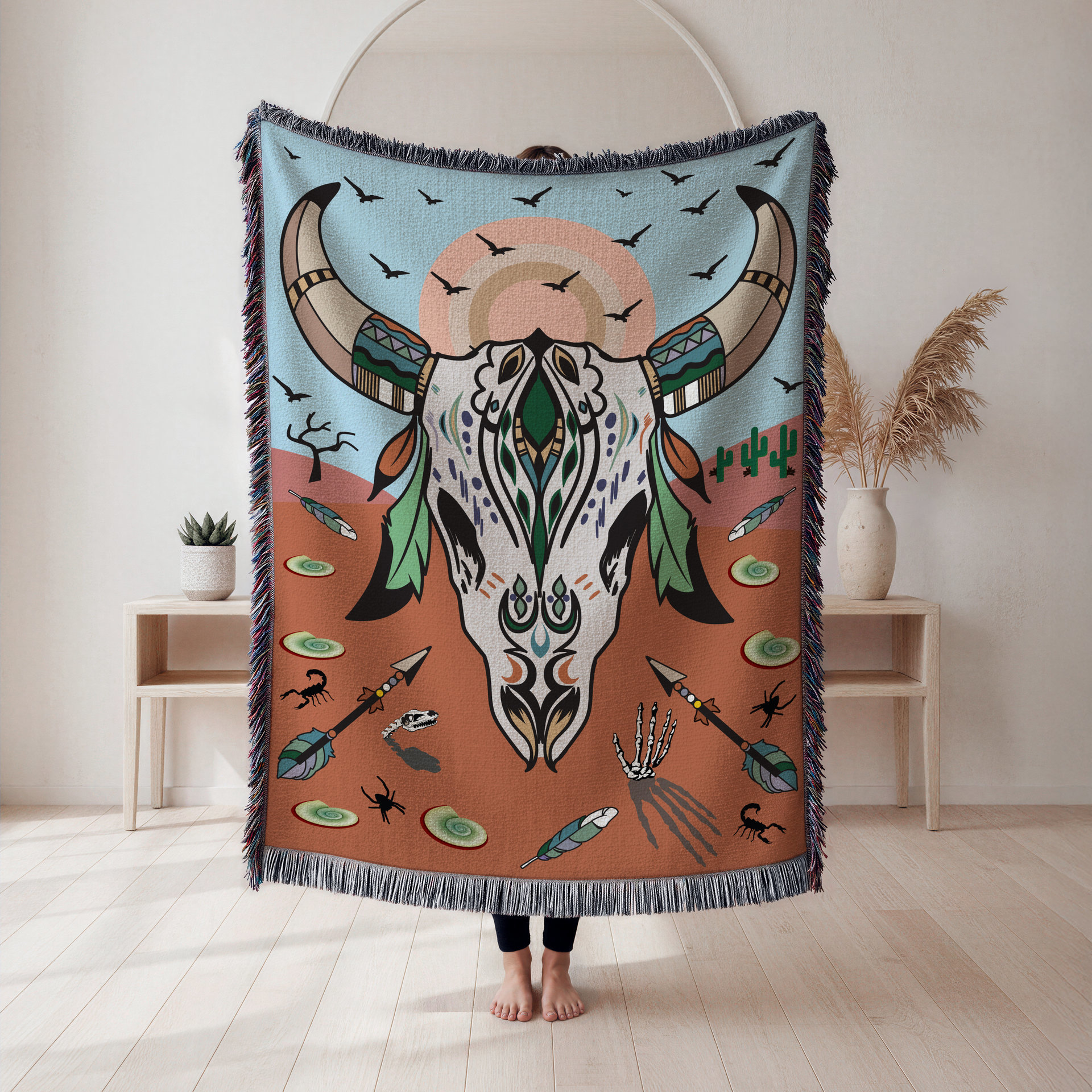 Southwestern Woven Cotton Throw Blanket, Cow skull design
