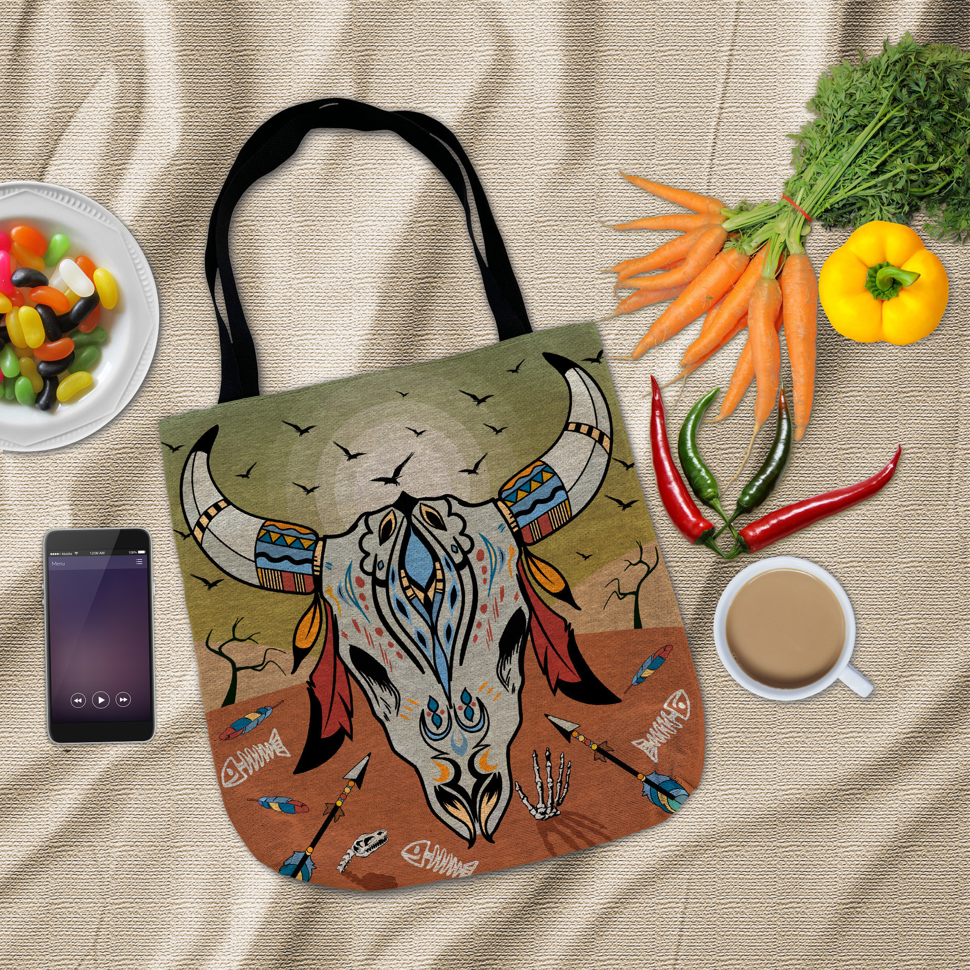 Cow Skull Tapestry Bag, Desert Sunset Colors Tote flat lay with groceries