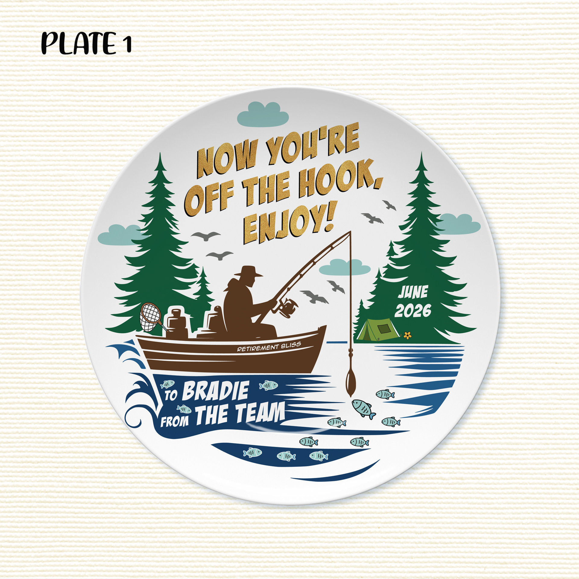 Personalized Coworker Retirement Gift Plate for a lake Fisherman