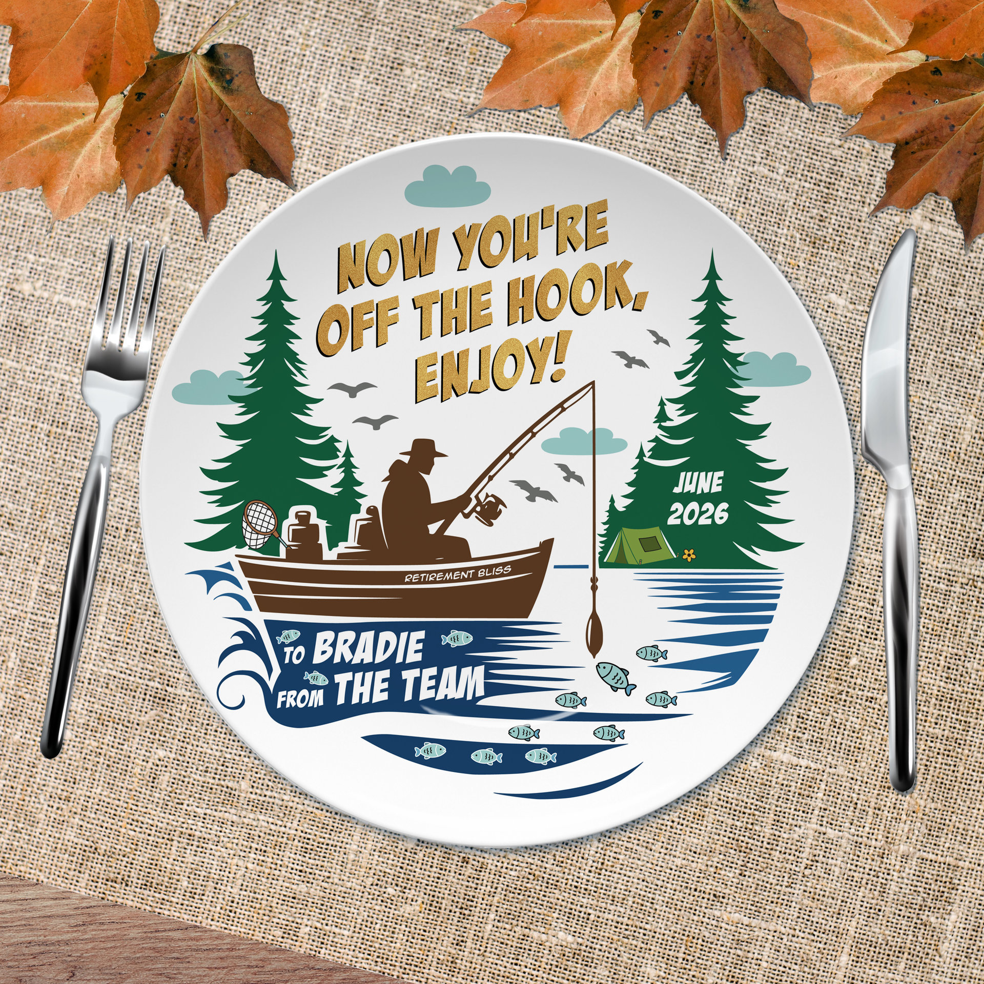 Personalized Coworker Retirement Gift Plate for a Lake Fisherman