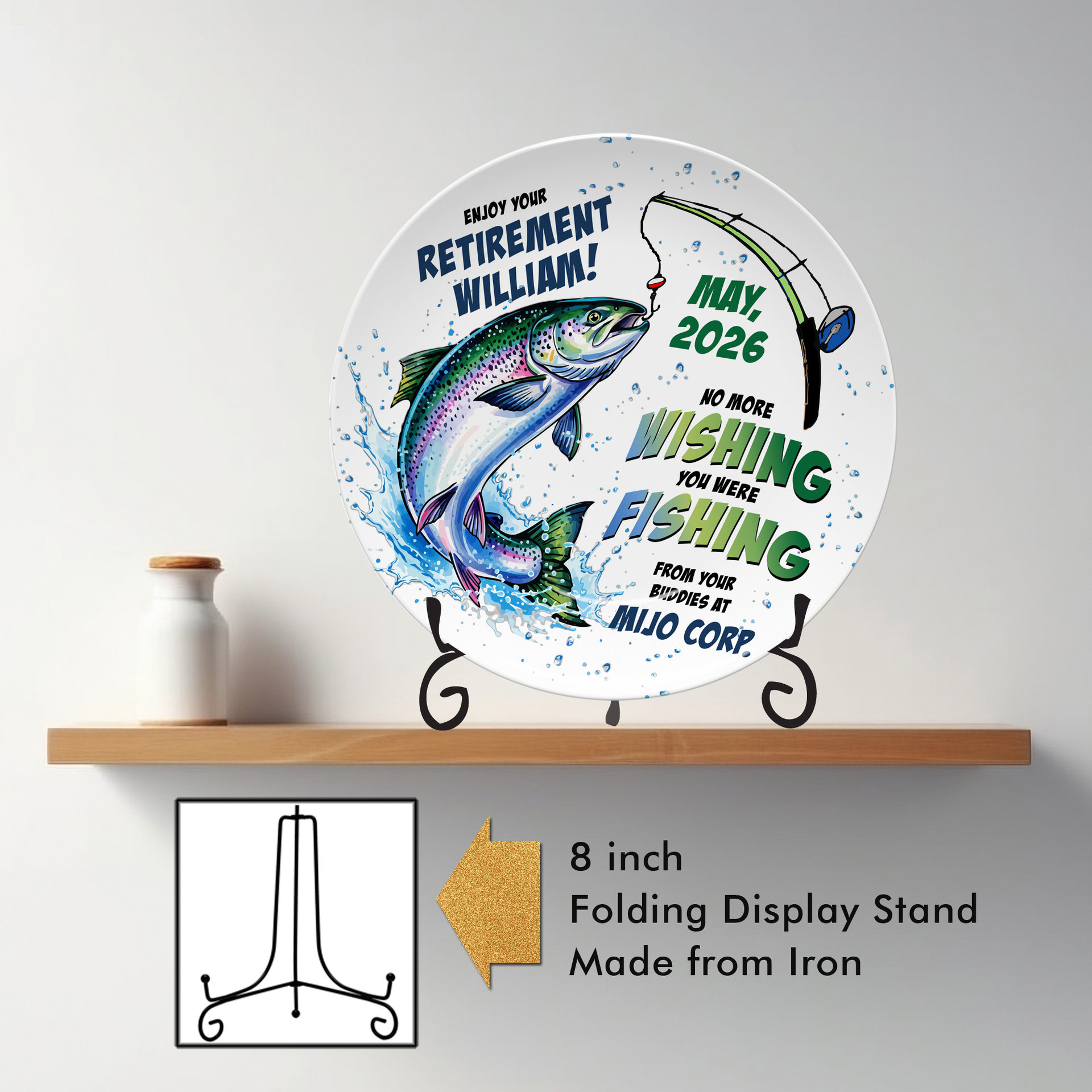 Personalized Coworker Retirement Gift Plate for a Fisherman with Display Stand