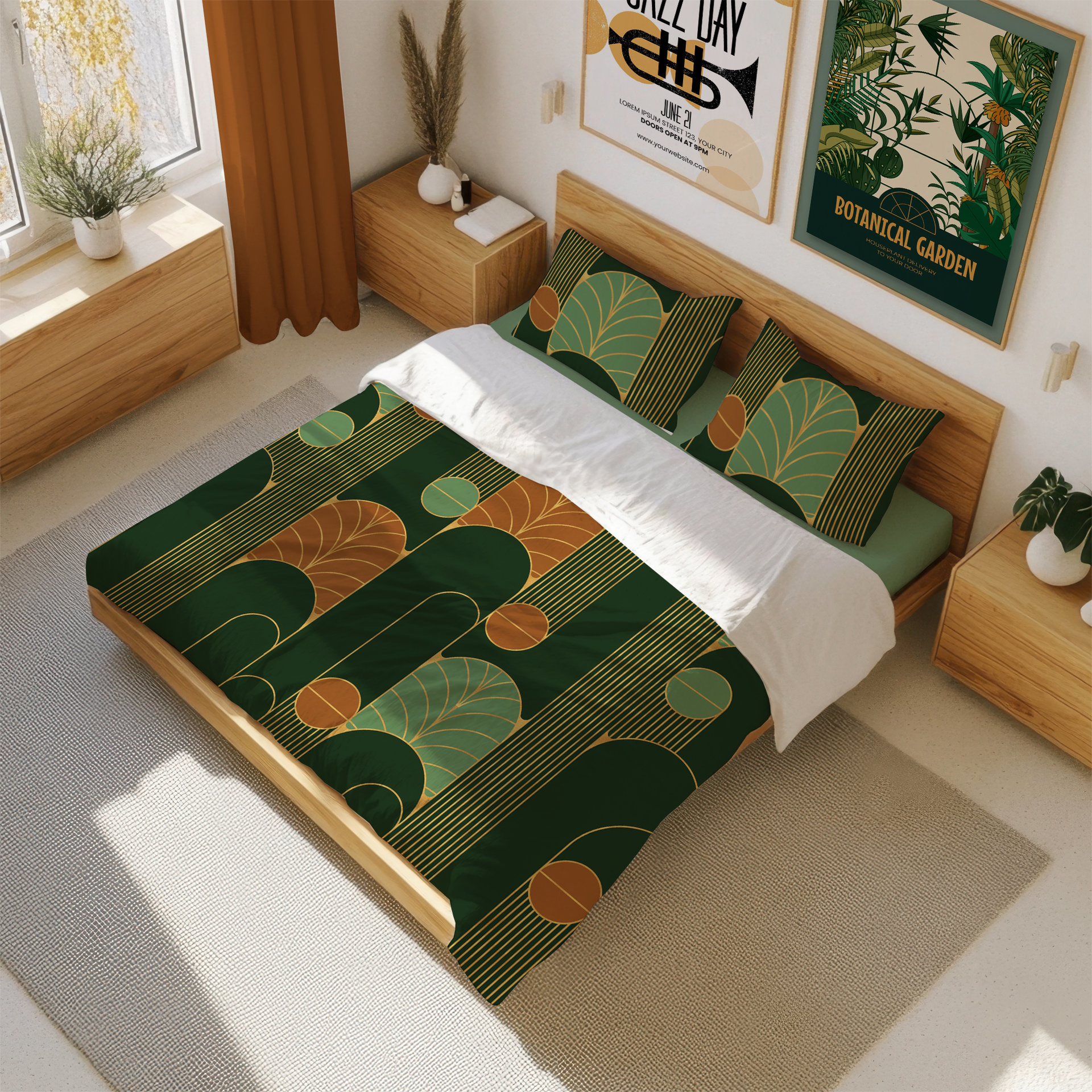 Forest Green Art Deco Bedding, Poly or Cotton Comforter or Duvet Cover, Pillow Shams