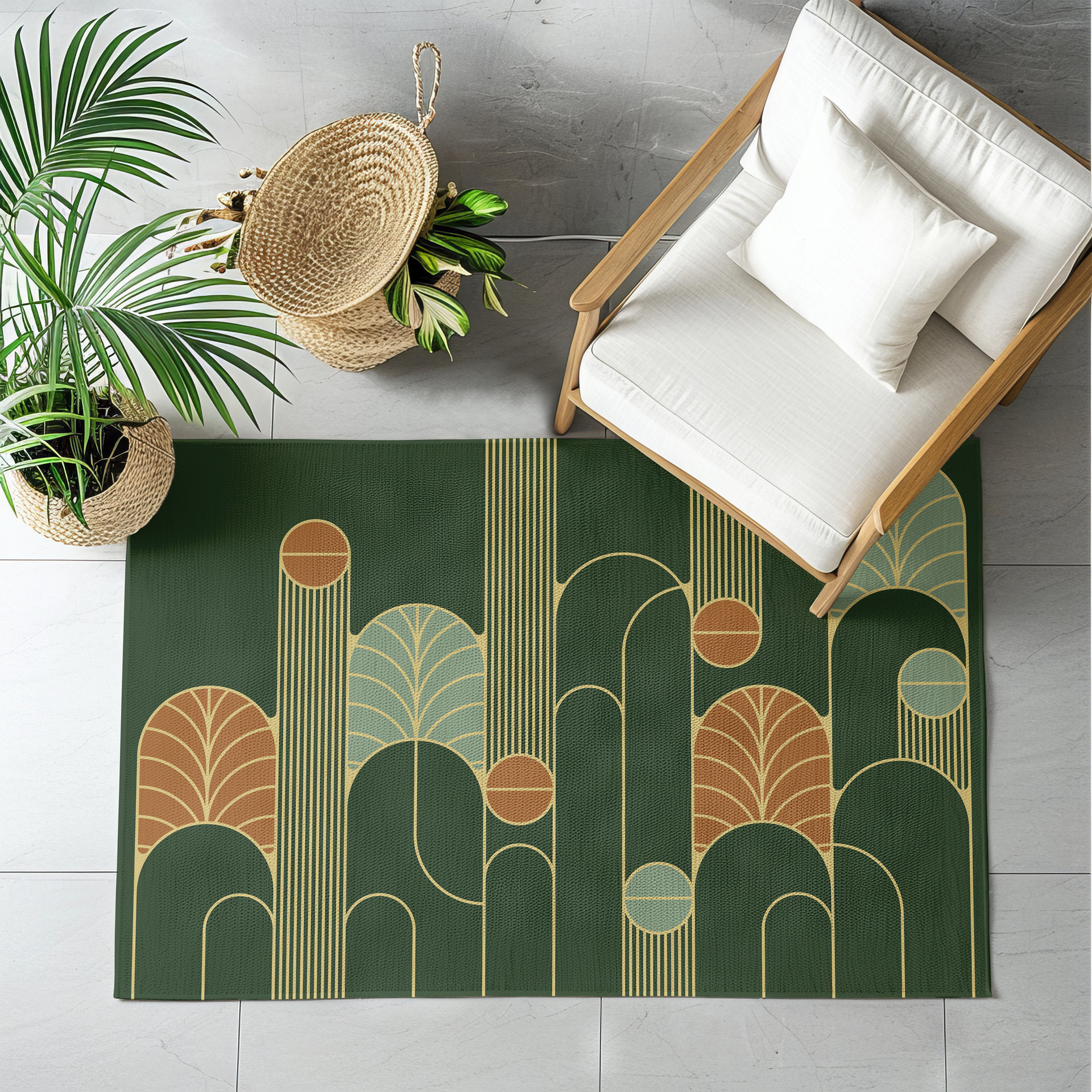 Minimalist Forest Green Art Deco Rug, Indoor Outdoor