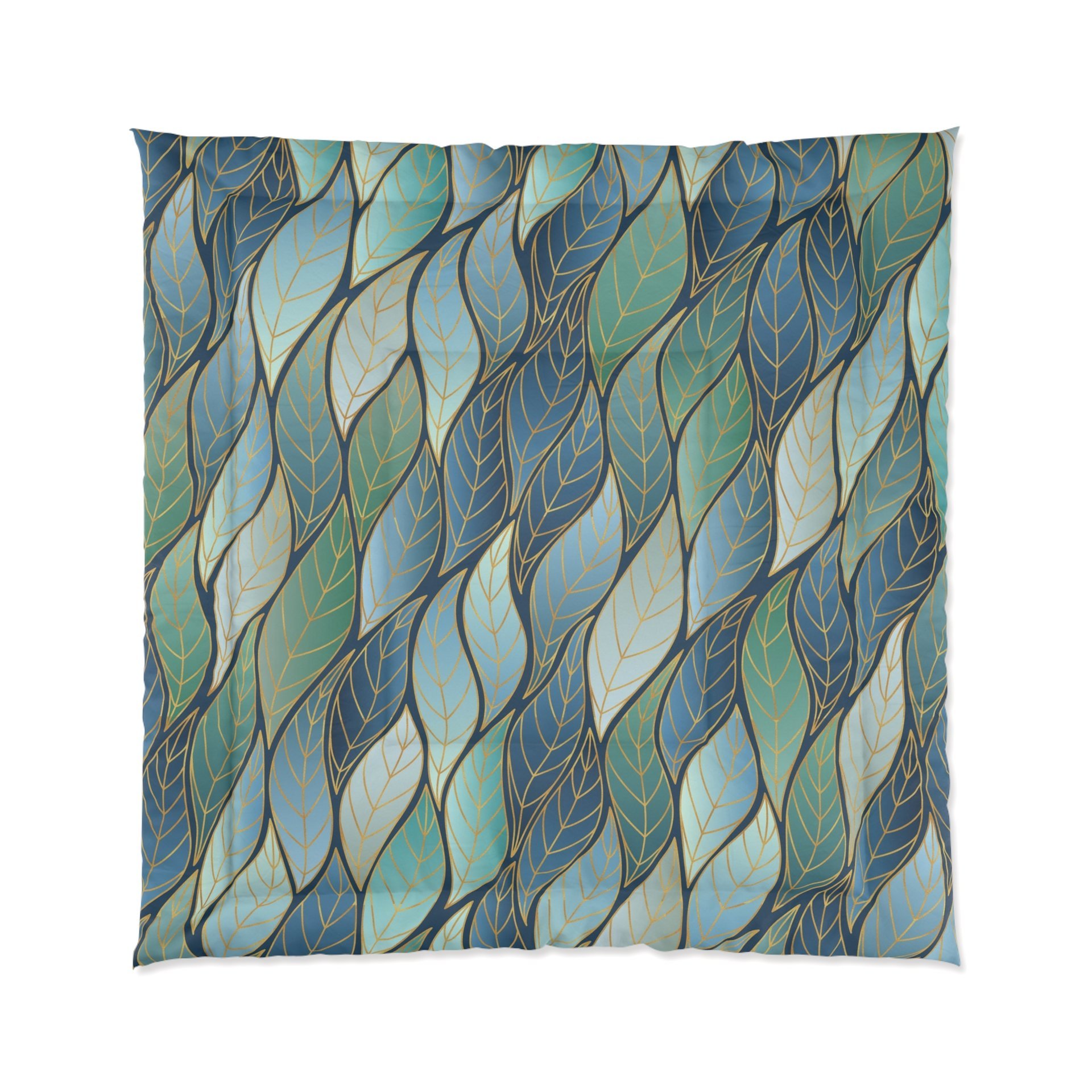 Blue Green Ombré Leaves Queen Comforter