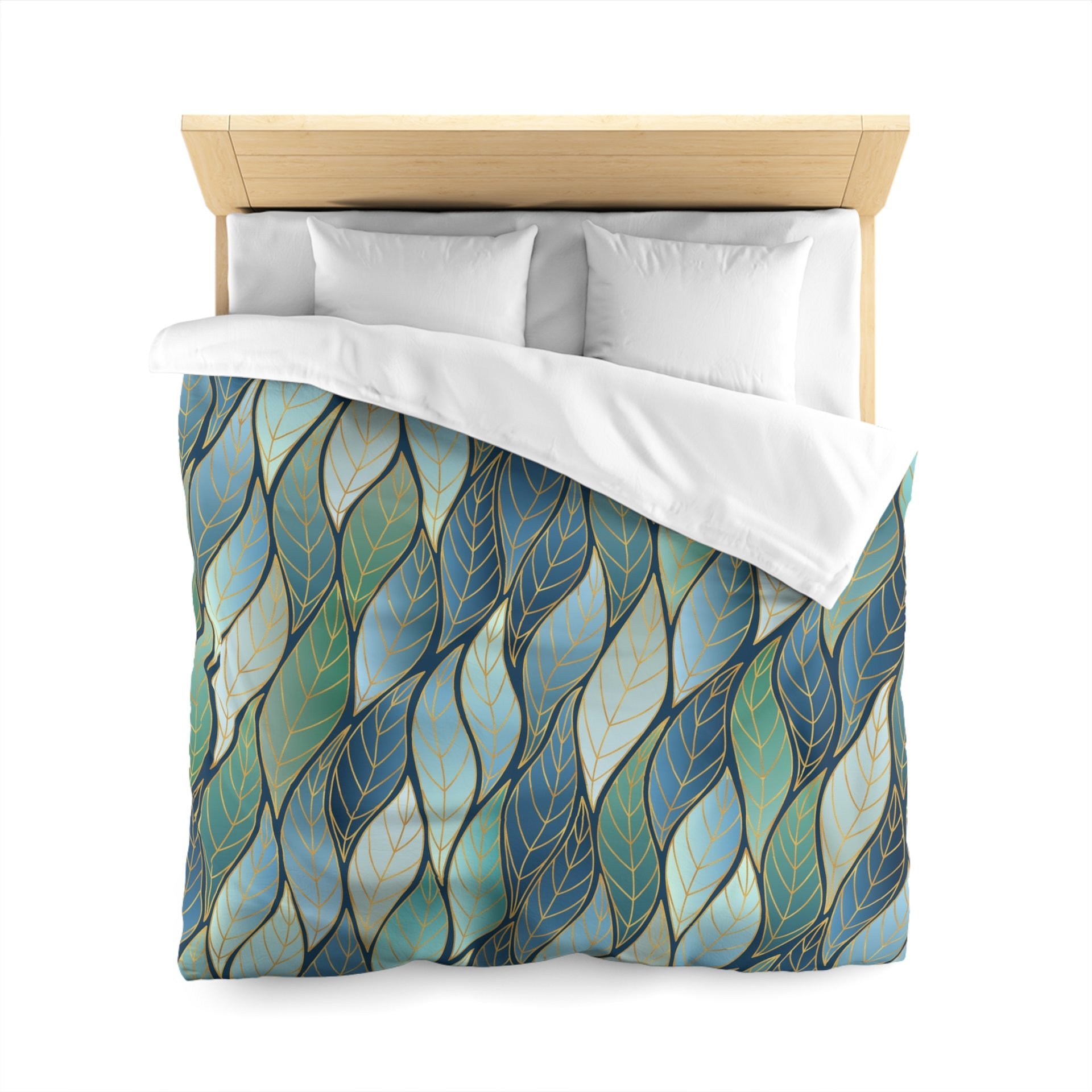 Blue Green Ombré Leaves Queen Duvet Cover