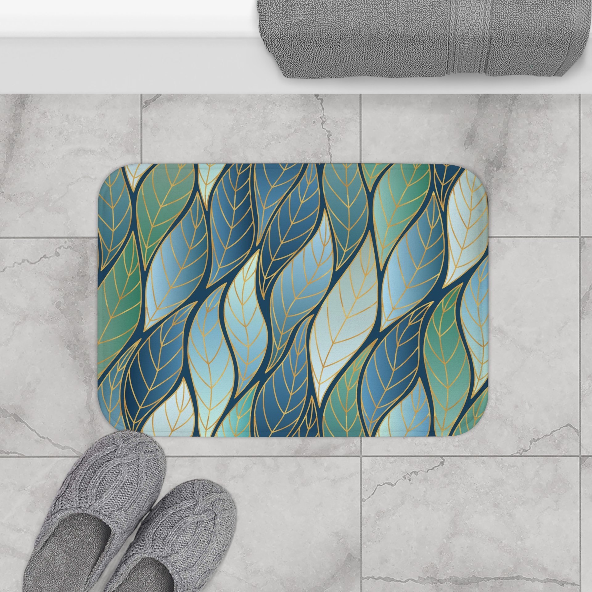 Bold Blue Green Ombré Leaves Bath Mat Small