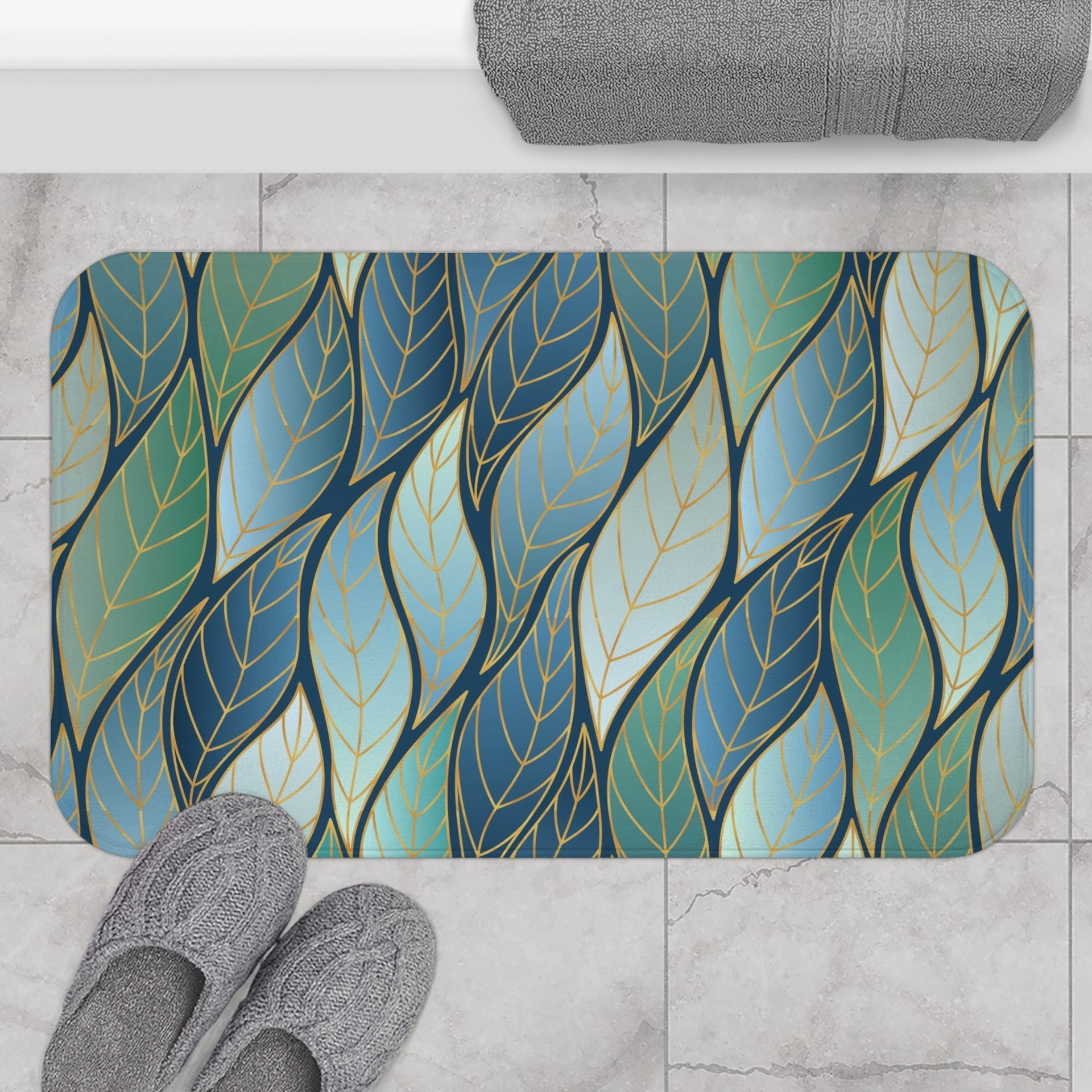 Bold Blue Green Ombré Leaves Bath Mat Large