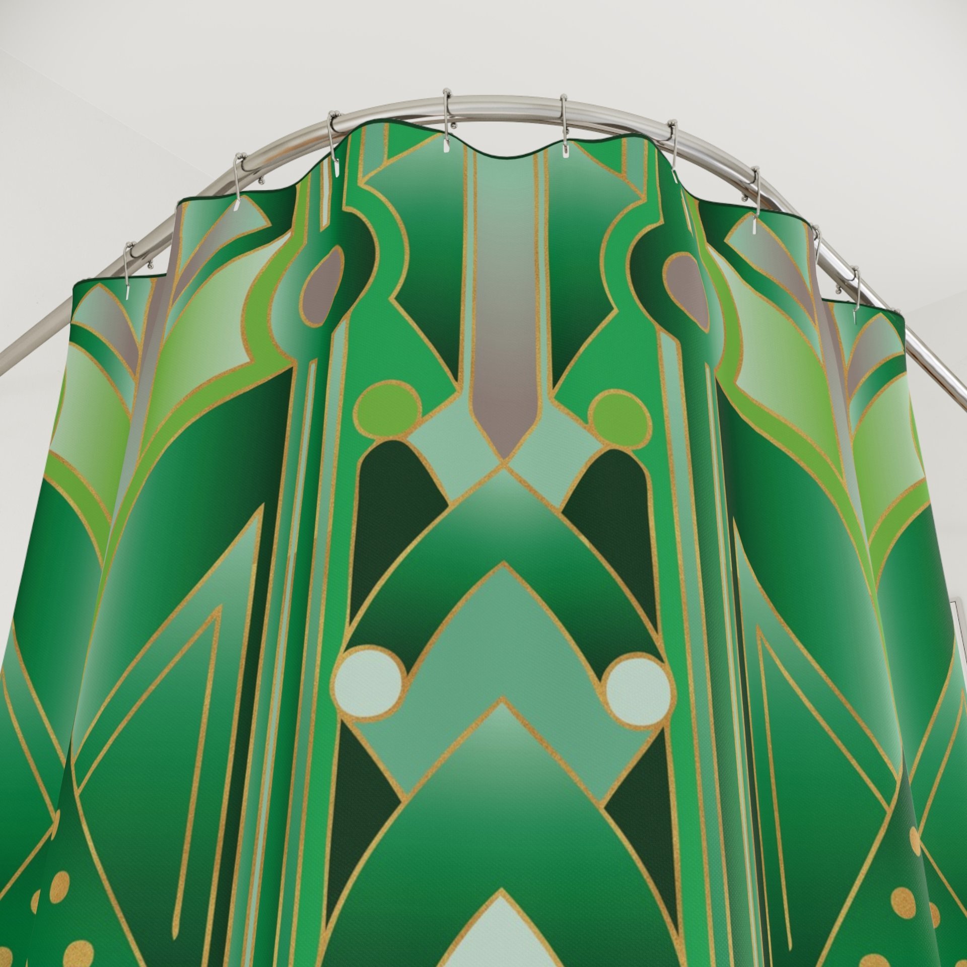 Emerald Green Art Deco Shower Curtain close up view showing button holes.