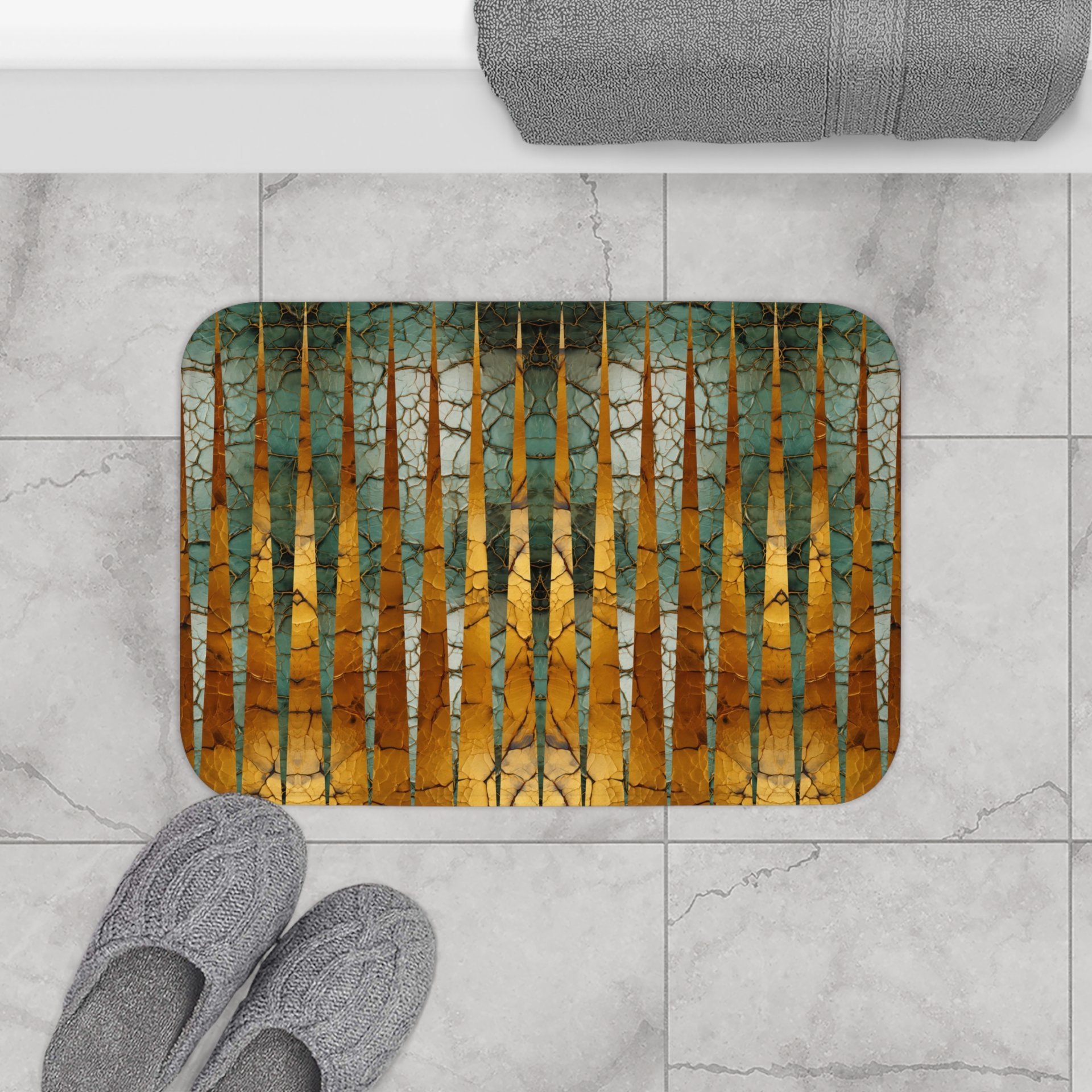 Green and Gold Striped Small Bath Mat