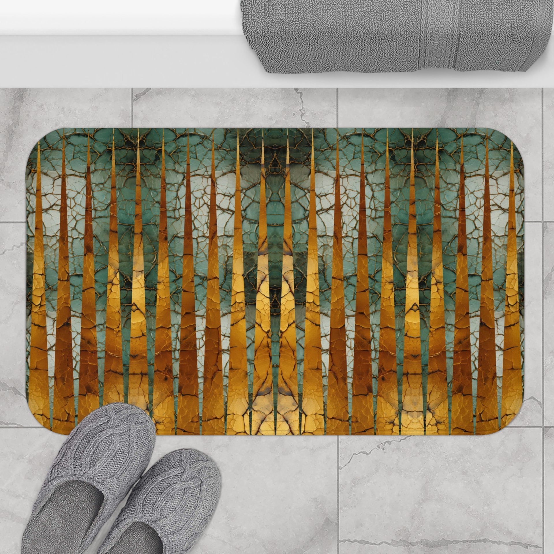 Green and Gold Striped Large Bath Mat